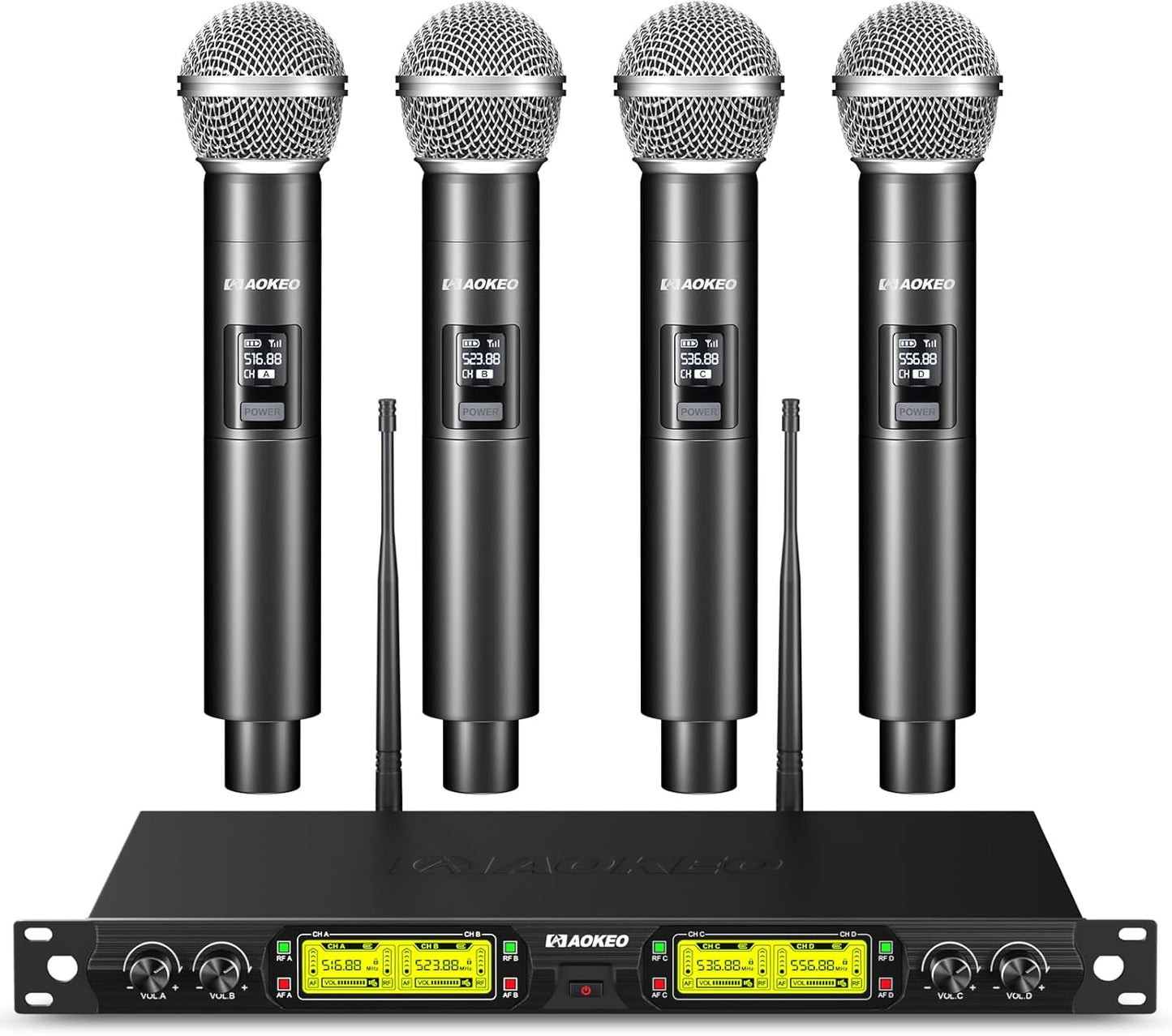 Aokeo Wireless Microphones System, 4 Channel UHF Wireless Mics,with 4 Handheld Dynamic Microphones,Metal Receiver for Karaoke,Singing,Wedding,Party,Speech,Church