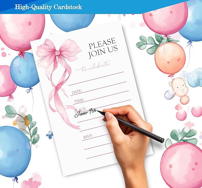 Pink Bow Birthday Invitations for Girls, Elegant Bow Birthday Party Invitaions for Girls Coquette Party Invites, 4x6 Inches, 30 Sets with Envelopes