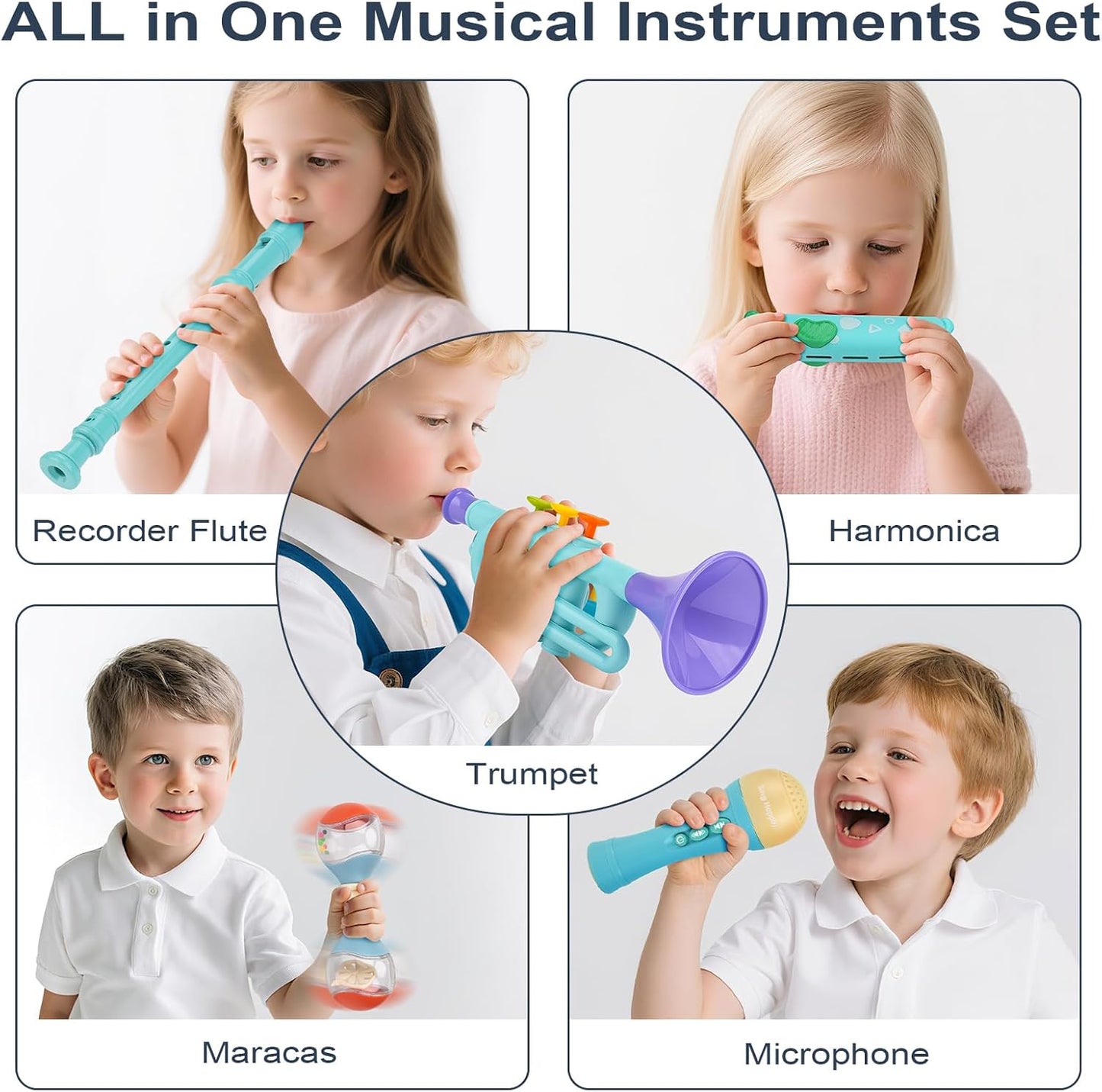 Musical Toys for 2 3 Year Old Boy Girl Birthday Gifts, 5 in 1 Montessori Musical Instruments for Toddlers 2-4 with Trumpet/Microphone/Flute/Harmonica, Preschool Learning Toys for Baby 18+ Months