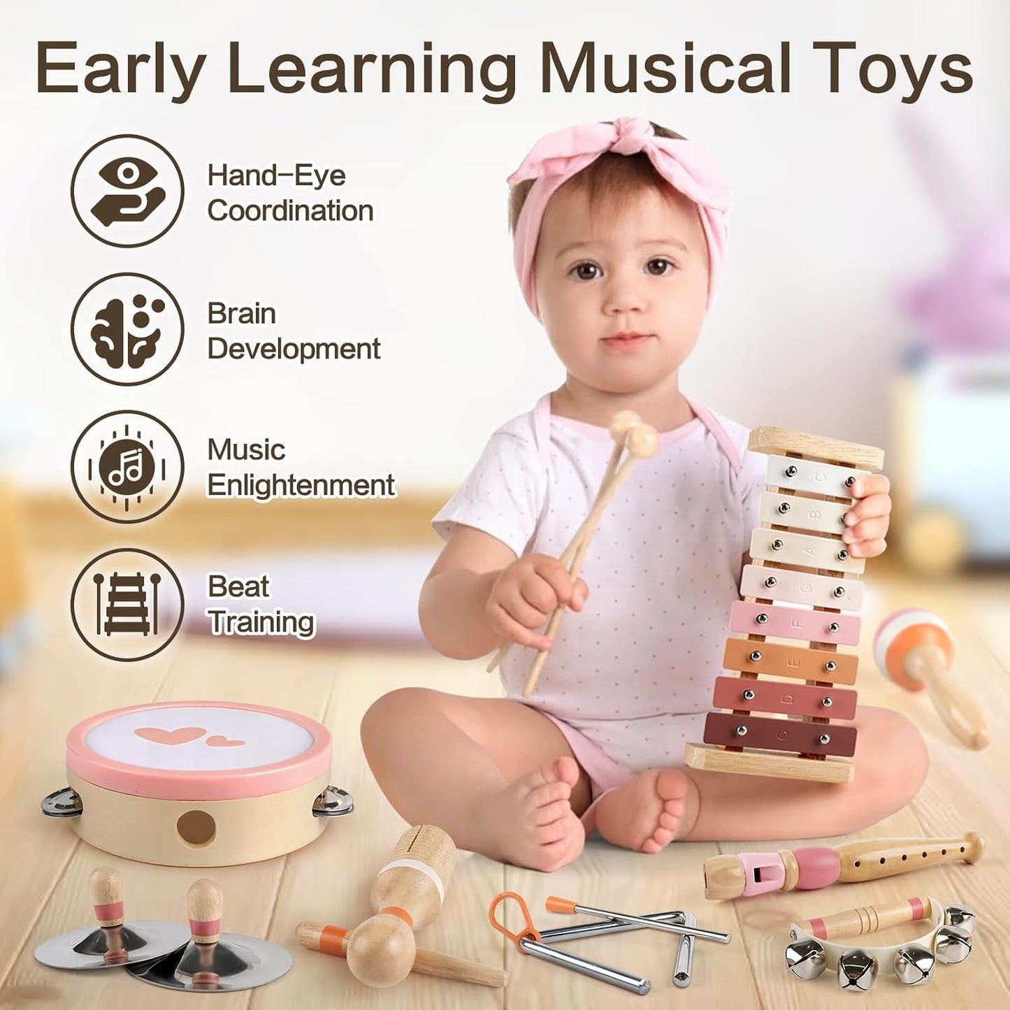 Vanplay Musical Toy for Toddlers 1-3, One 1st Birthday Gifts for Girl 1-2, Wooden Montessori Toy for 2 3 Year Old, Musical Instruments with Xylophone/Drum for Baby Preschool Educational 18+ Months