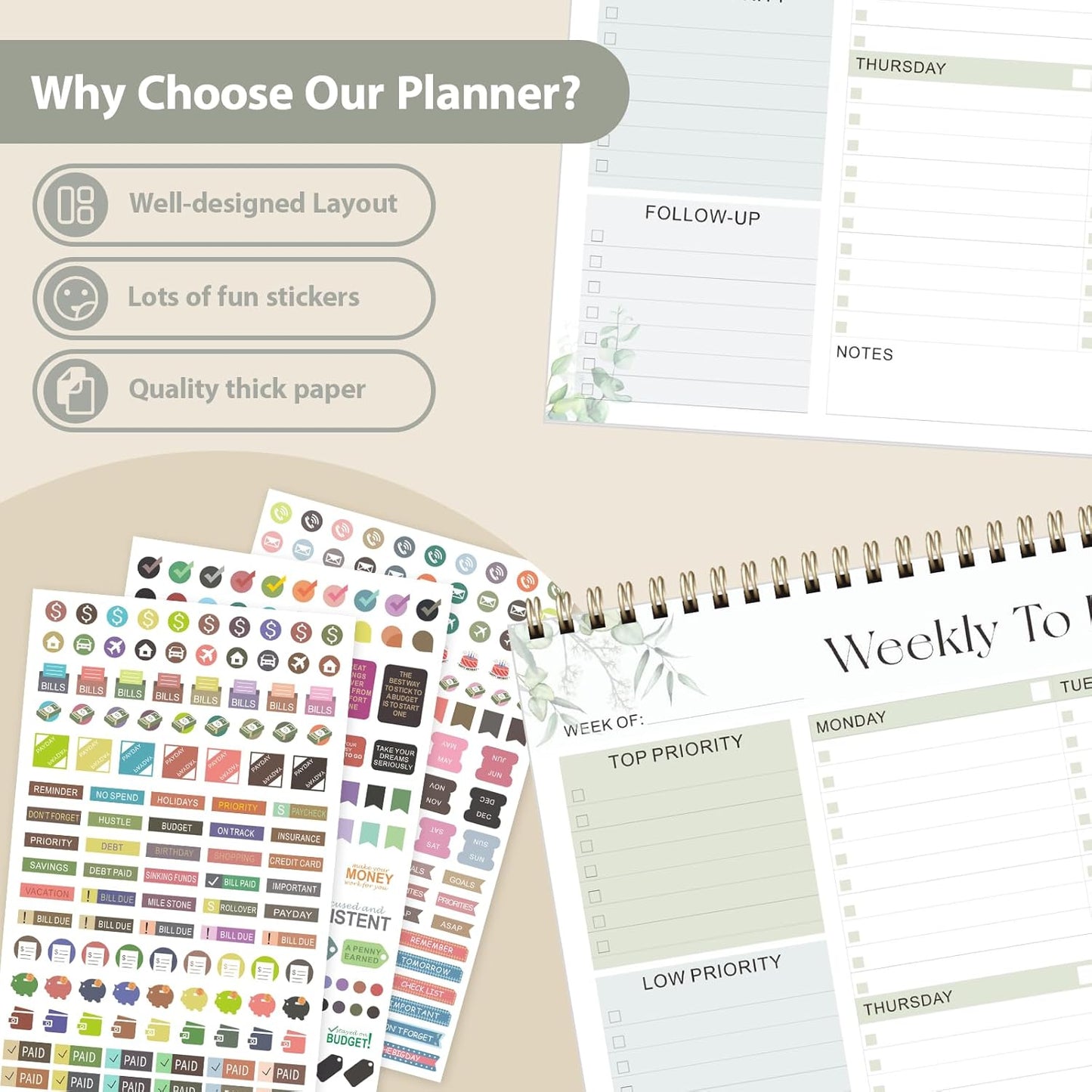 Weekly To Do List Notepad, Undated Planner with 52 Sheets (8.5''x11''), Desk Weekly Planner for Women & Man, Home School & Work (D-Leaf)