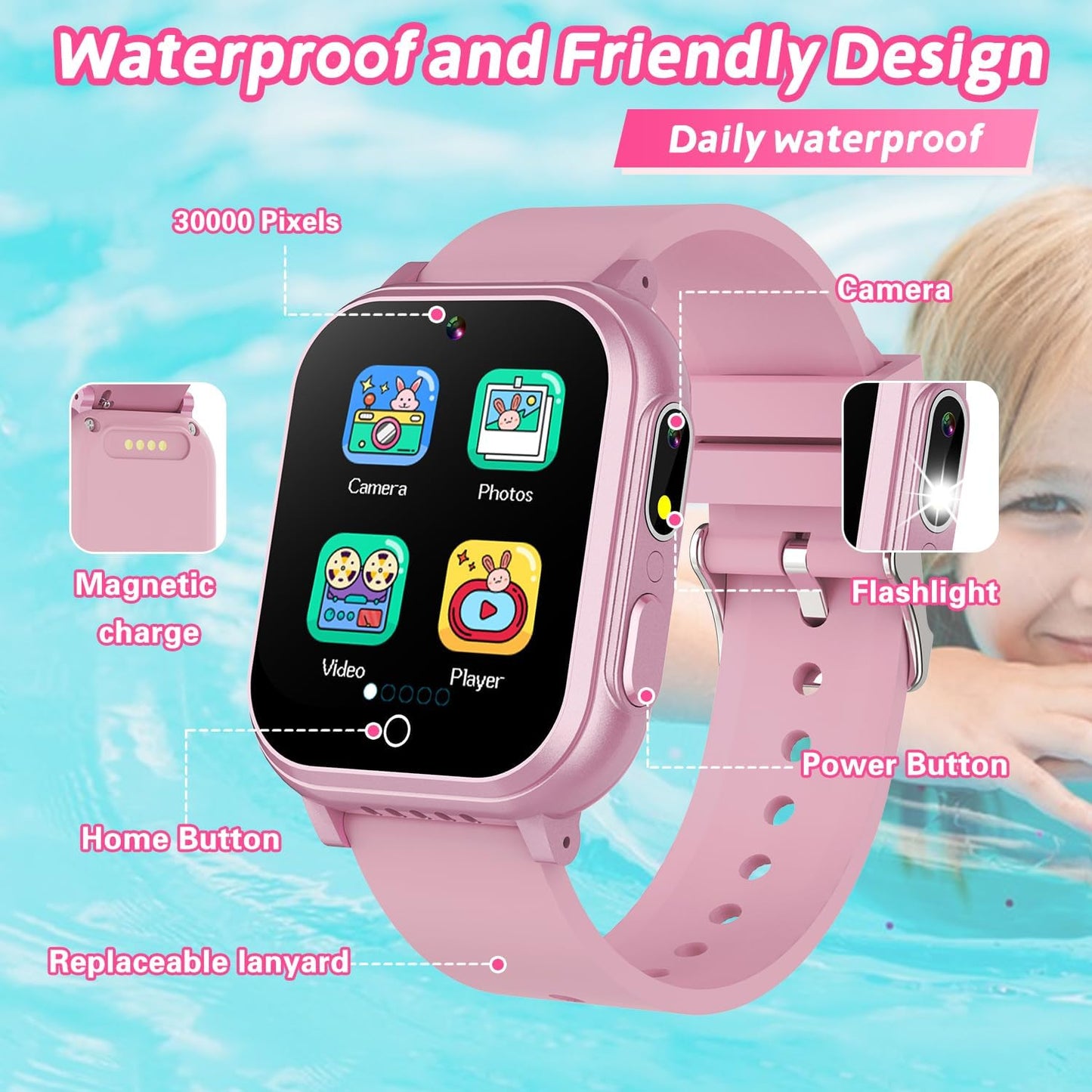 Cosjoype Kids Waterproof Smart Watch, 32 Games HD Touchscreen Kids Watch with Dual Camera Video Music Player Pedometer Flashlight 12/24 hr Christmas Birthday Gifts for Girls Ages 4 5 6 7 8 9 10