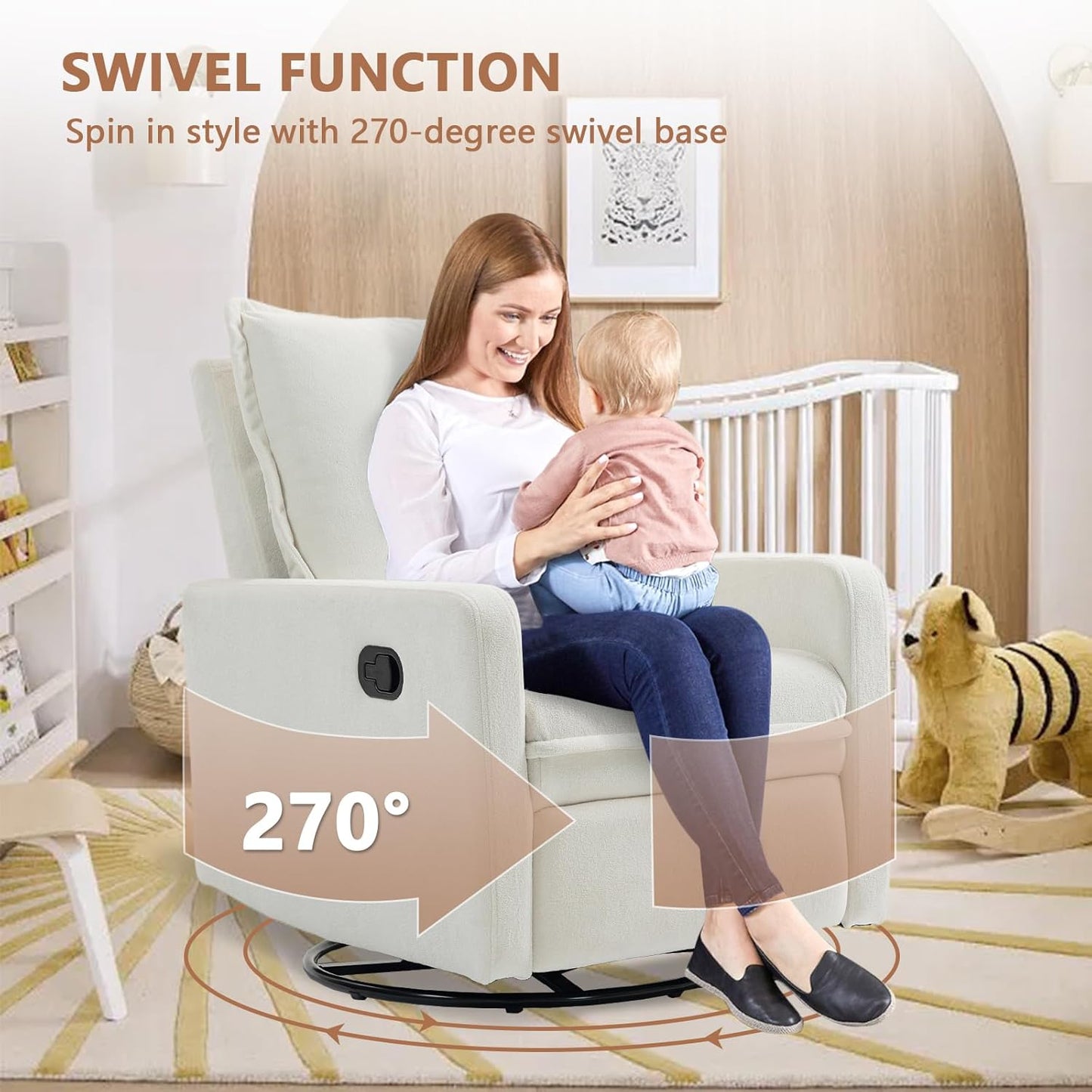 Swivel Rocking Recliner Chair for Nursery, Upholstered Glider Rocker Recliner, Swivel Reclining Chair for Nursery Living Room Bedroom, White Short Plush