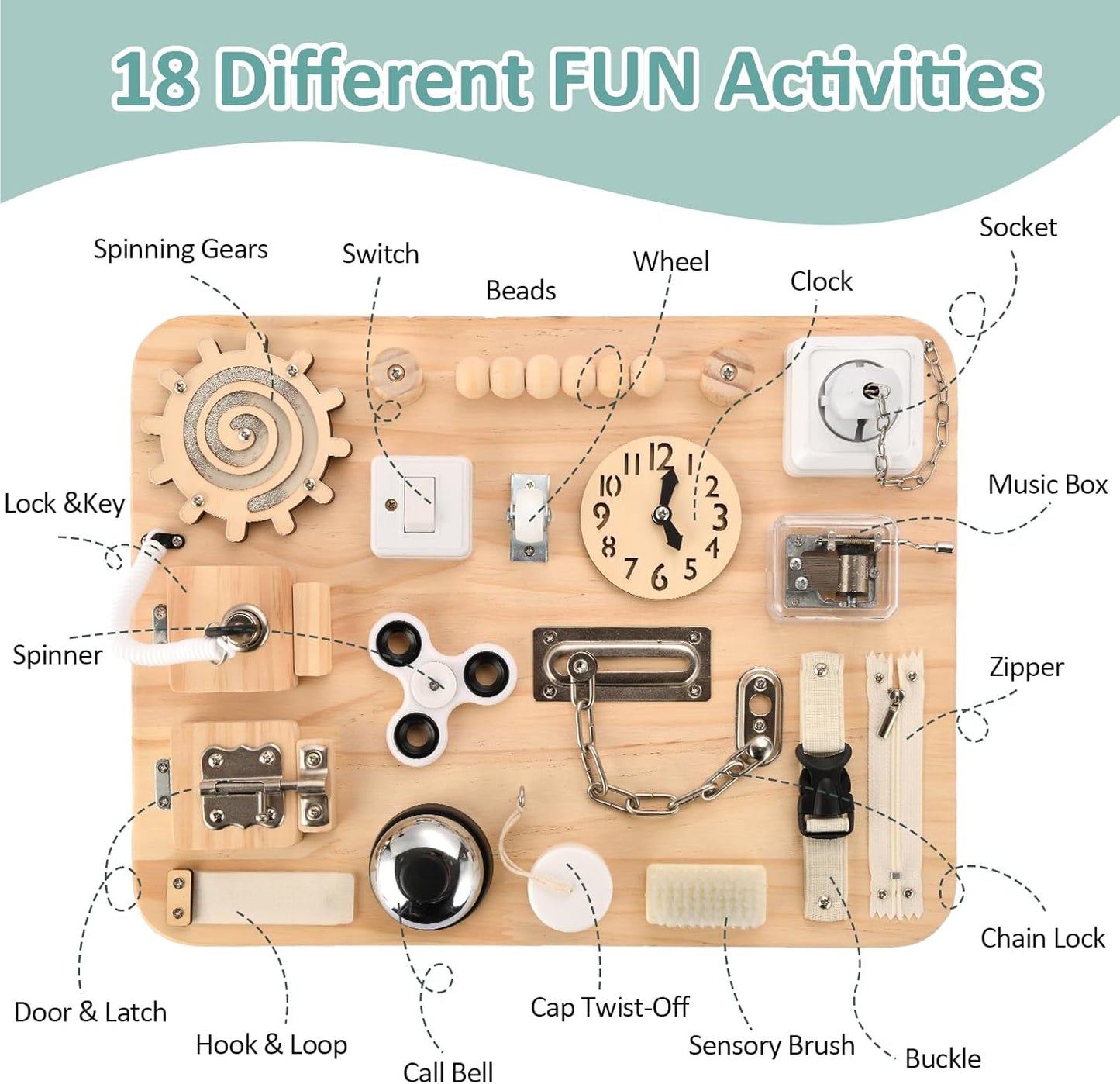 Wooden Busy Board for Toddlers - Montessori Sensory Activity Board for Fine Motor Skills and Early Learning - Travel Toys for Kids - Sensory Toys for autism or ADHD - Ideal for Educational Gifts