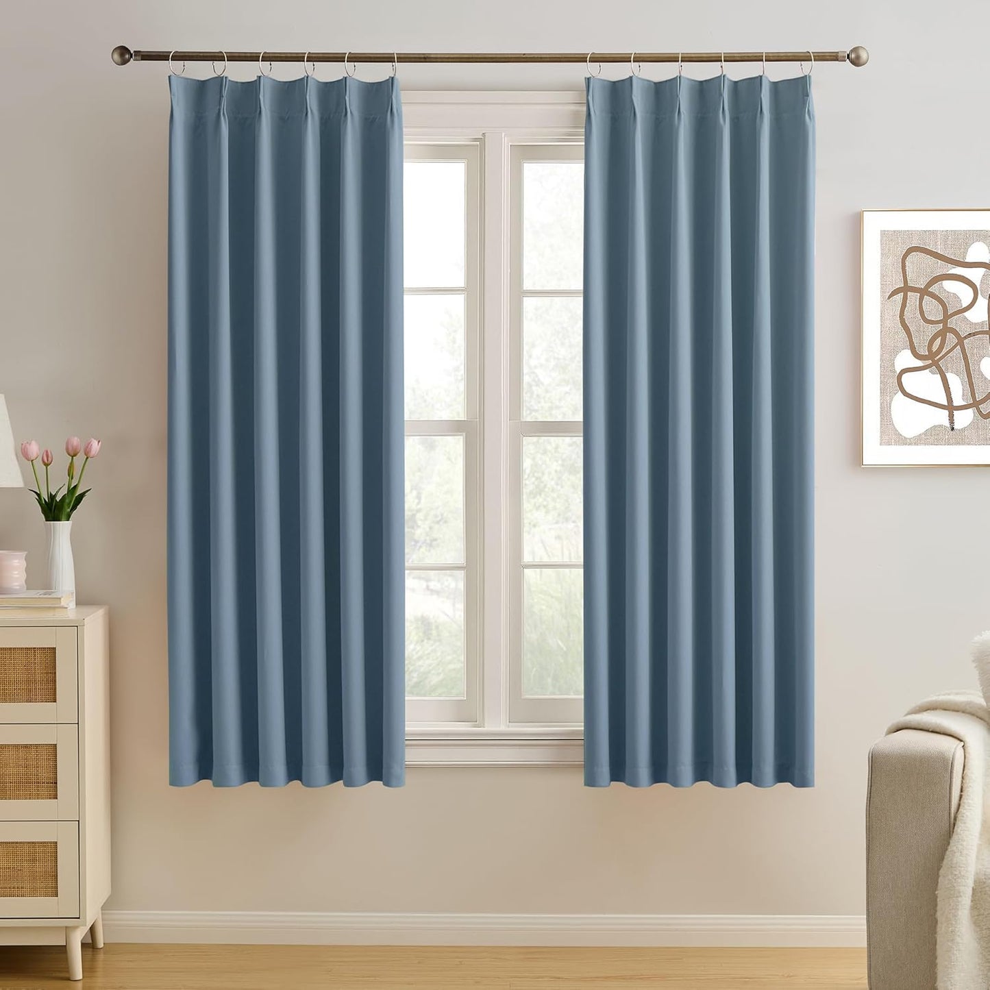 KEQIAOSUOCAI Dusty Slate Blue Blackout Curtains for Small Window, Pinch Pleat with Hooks, Room Darkening Block Out Bedroom Curtain 2 Panels,40 by 45 Inch