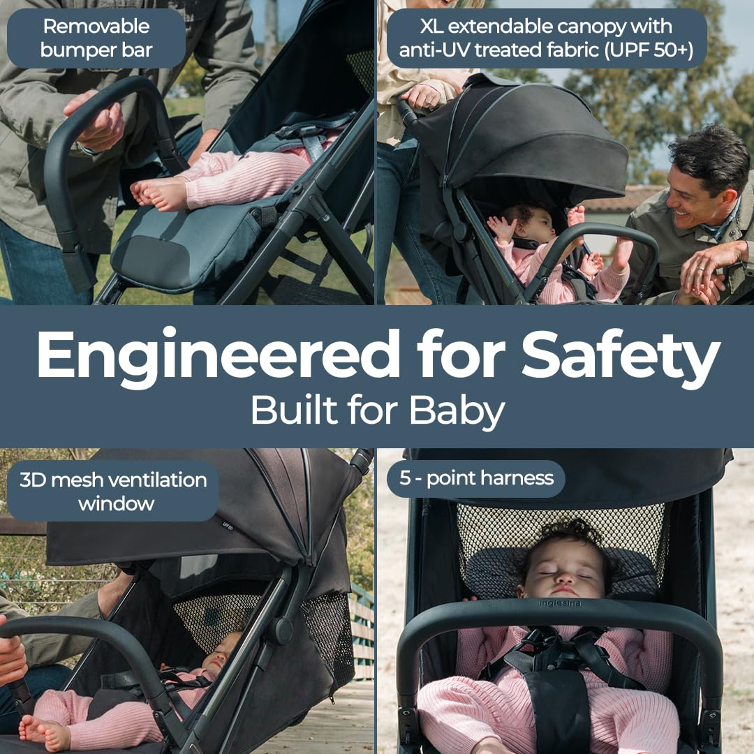 Inglesina Quid³ Stroller, Cosmic Black - Compact Reclining Travel Stroller for Baby & Toddler 0-55 lbs, One Hand fold, Car seat Compatible, Airplane Overhead, Lightweight, Foldable, XL UPF 50+ Canopy