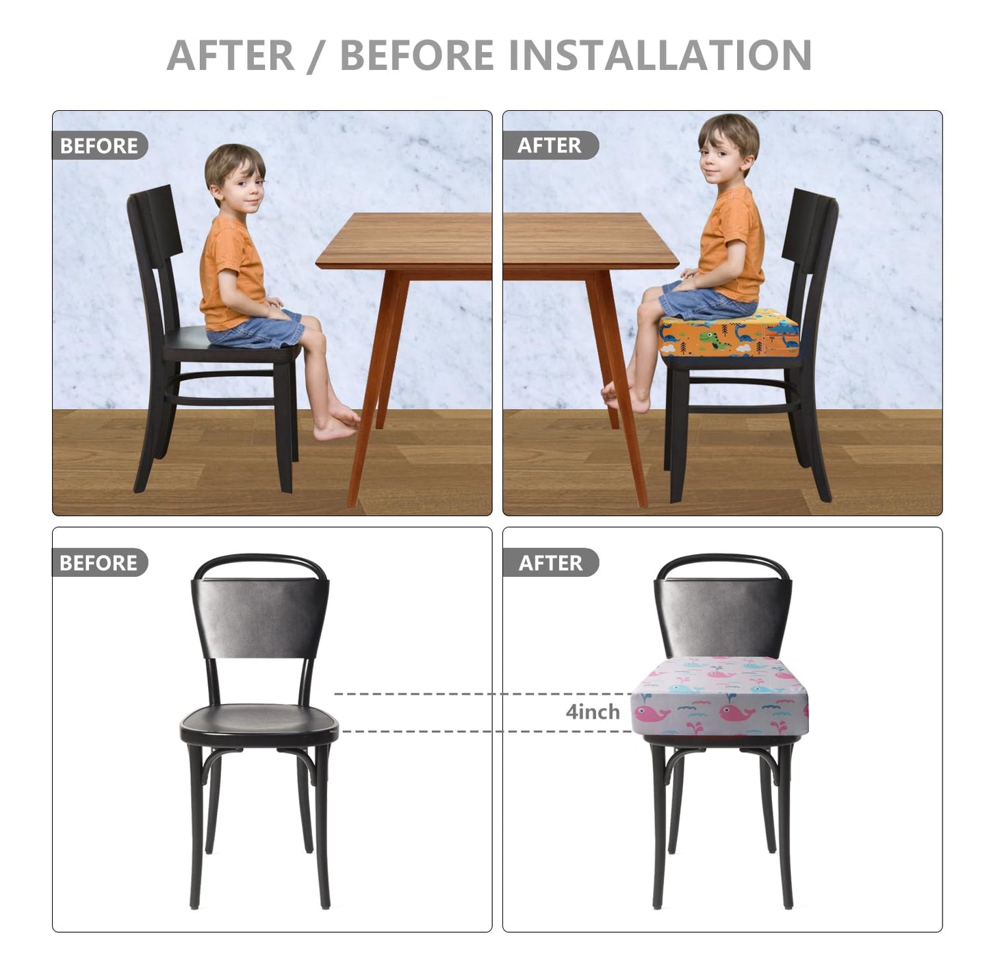 Toddler Booster Seat for Dining Table,4 Inches Washable Double Safer Straps Non-Slip Bottom Booster Seat Dining for Kids, Portable Travel High Density Sponge Detachable Increasing Cushion for Child.