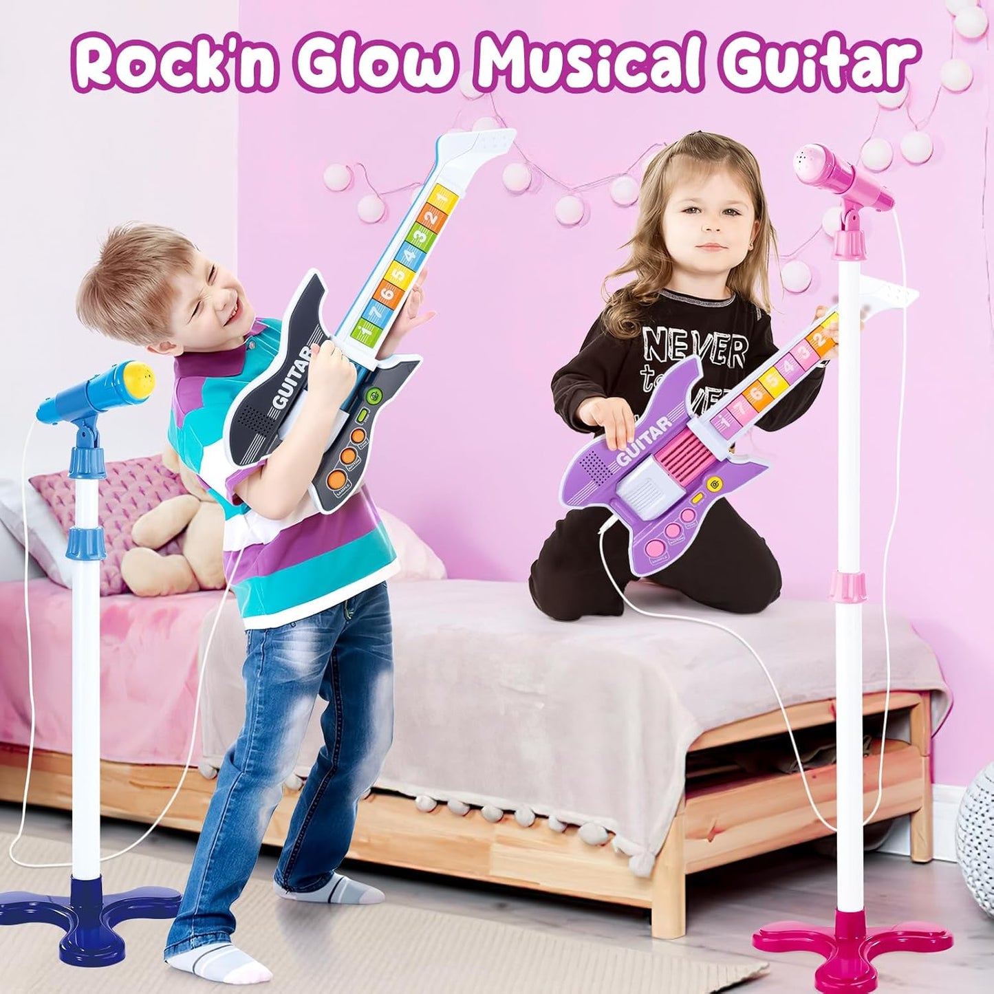 deAO Kids Guitar and Microphone Set with Stand Adjustable Height Music Light Karaoke Music Toys Christmas Birthday Gift for Kids Boys Girls (Purple)