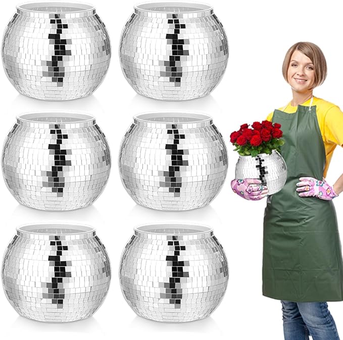 6 Pcs Disco Ball Vase,Plastic Disco Ball Centerpieces Silver Disco Ball Planter Mirror Disco Ball Ice Bucket Disco Ball Decor Can Be Used for Wedding Centerpieces,Birthday,Office(9 Inch)