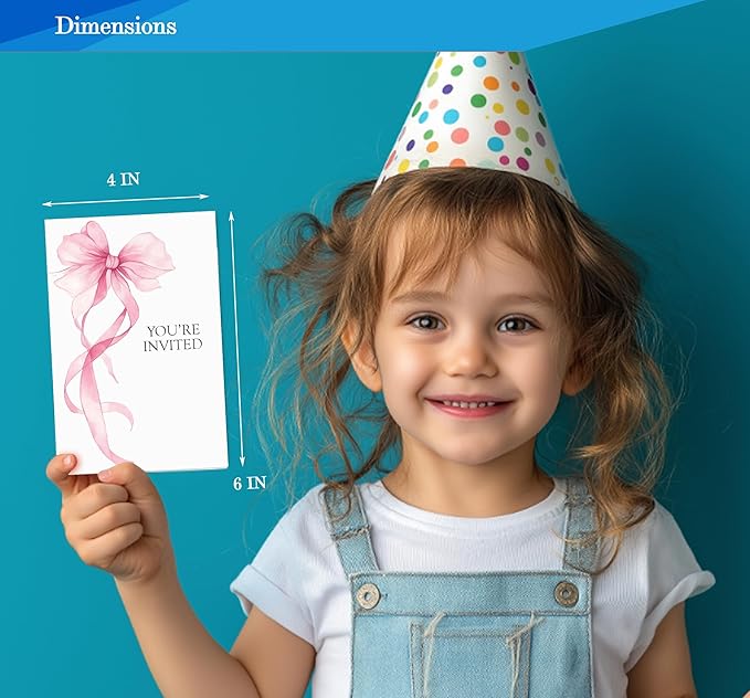 Pink Bow Birthday Invitations for Girls, Elegant Bow Birthday Party Invitaions for Girls Coquette Party Invites, 4x6 Inches, 30 Sets with Envelopes