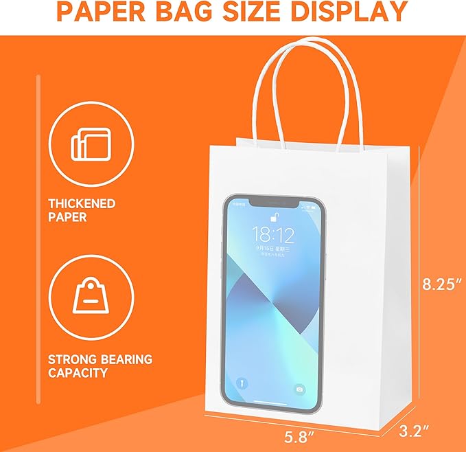 METAPRINT 100 Pack Paper Gift Bags with Handles in Bulk, 5.8x3.2x8.25 Inch Small White Kraft Paper Bag for Birthday Party Favors Grocery Retail Shopping Business Goody