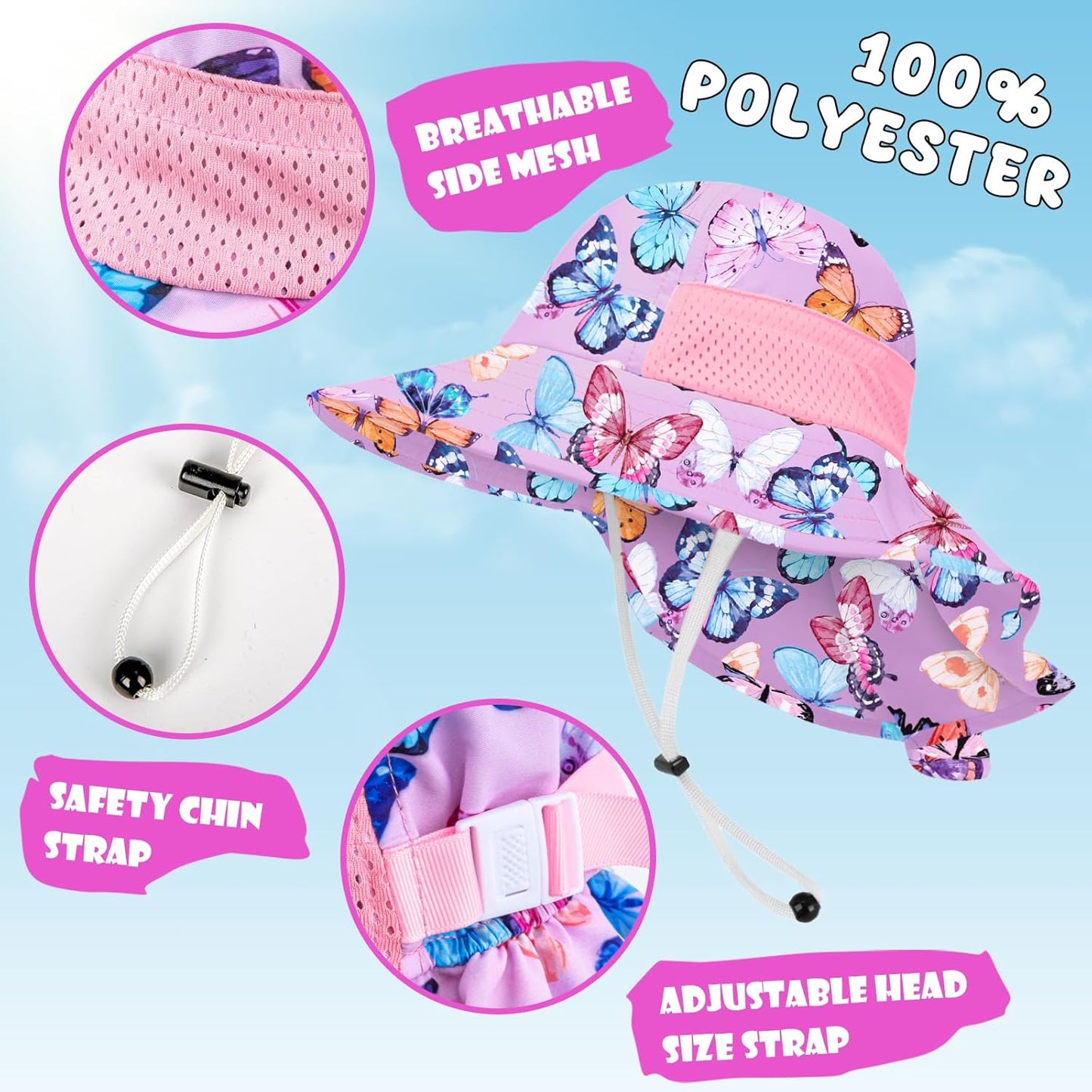 Toddler Baby Sun Hat Kids Summer UPF 50+ for Boys Girls Adjustable Beach Hats with Bucket Wide Brim Age 1-7 Years