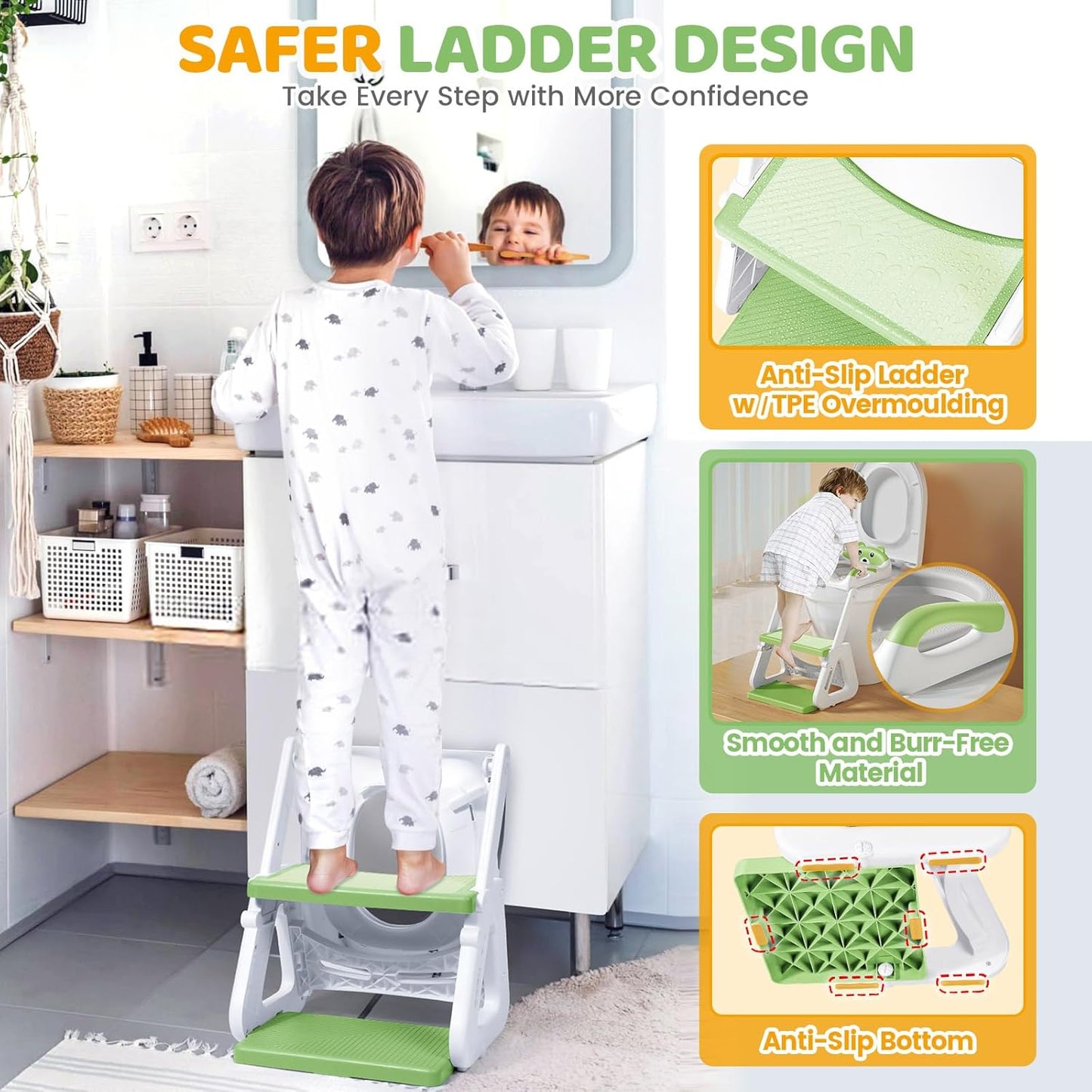 Orzbow 2-IN-1 Potty Training Seat with Step Stool, Height Adjustable Toilet Seat for Toddler, Potty Training with Splash Guard for Kids Boys Girls, Stability Ladder and Anti-Slip Pad, Green