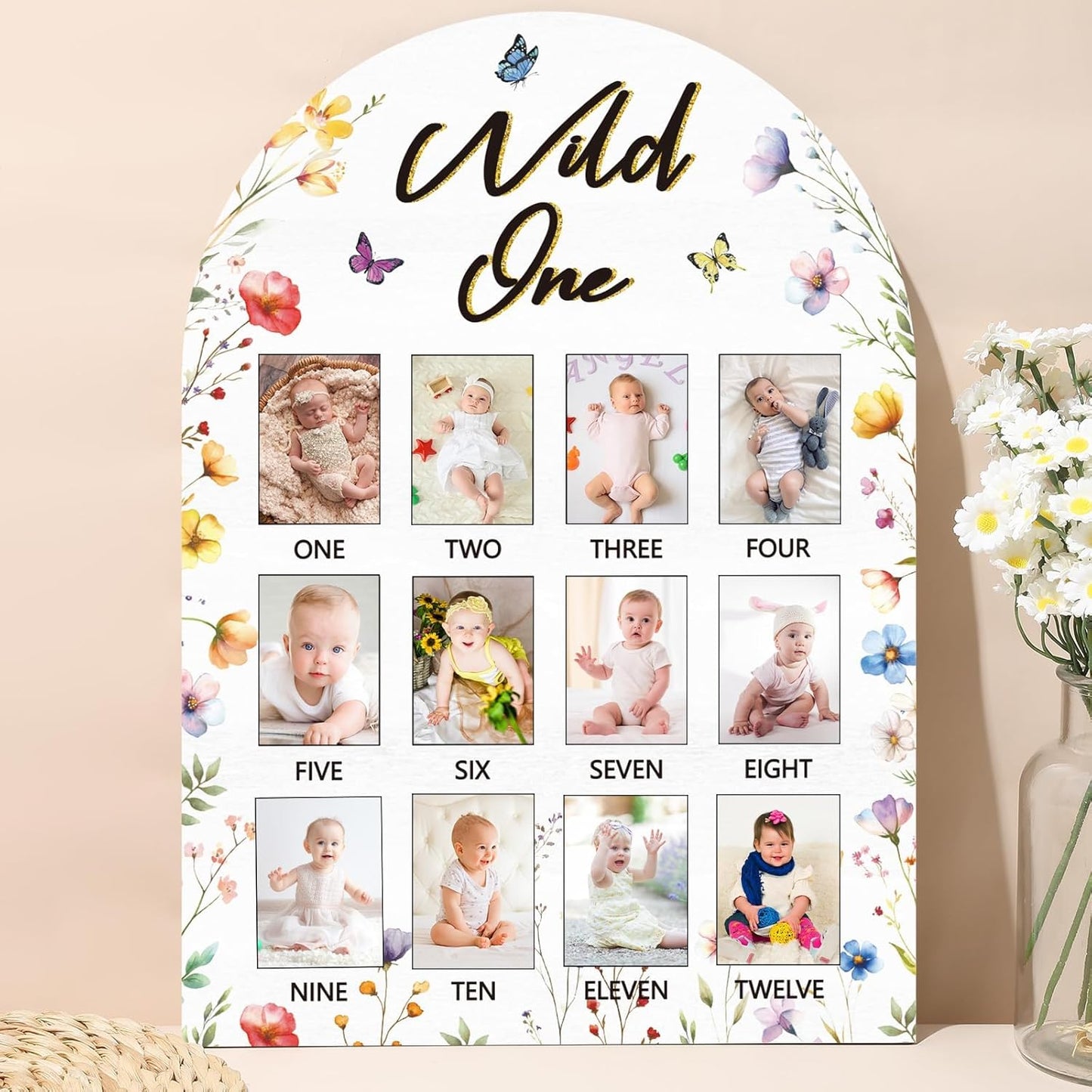 Wildflower First Year Photo Board Wild Flower Birthday Party Wooden Board Decorations 12 Monthly Milestone Picture Frame Wild One 1st Birthday Photo Banner for Baby Girls Keepsake Gift Supply 2x2.8In