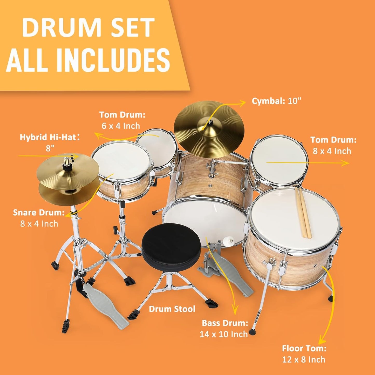 Ktaxon 5-Piece Complete Junior Drums Set, 14 Inch Beginners Drum Kit with Throne Stool, Pedal & Drumsticks, Kids Drums Musical Instruments W/Cymbal, Hi-Hat, Floor, Tom and Snare Drum (Wood Color)