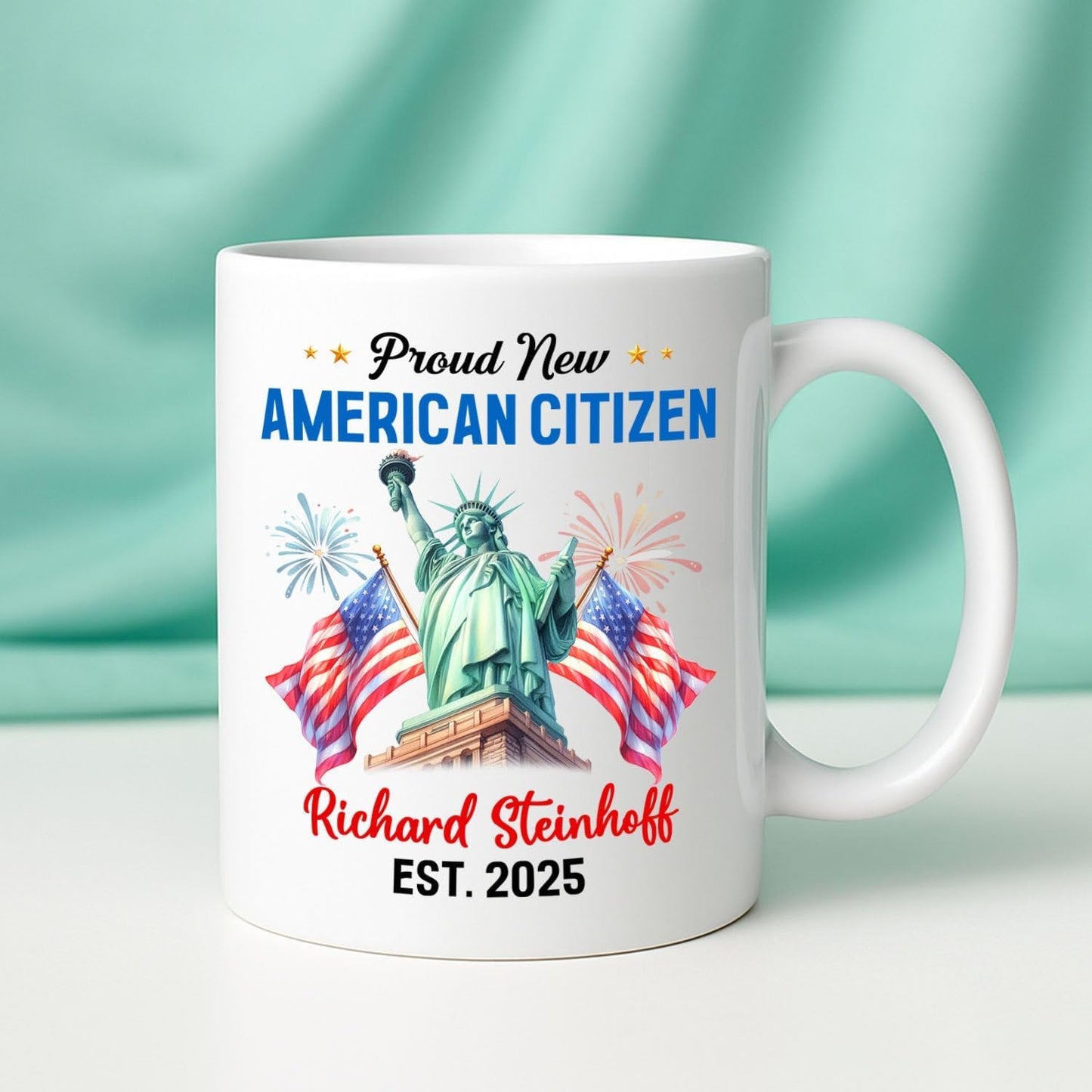 Proud New American Citizen Coffee Cup Gift For Daughter Son Dad Mom, Personalized Proud US Citizen White Coffee Mug With Year & Name, Customized Sunflower & USA Flag Mug, America Welcome Ceramic Cup
