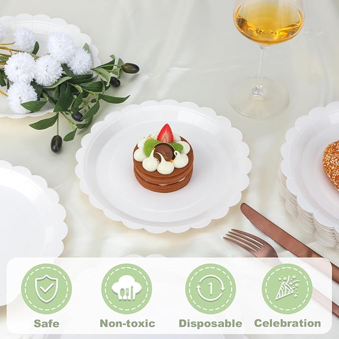24 Pcs White Paper Plates 9 Inch Scalloped Dessert Plates - Disposable White Cake Plate - Baby Shower Birthday Party Wedding Bridal Party Supplies