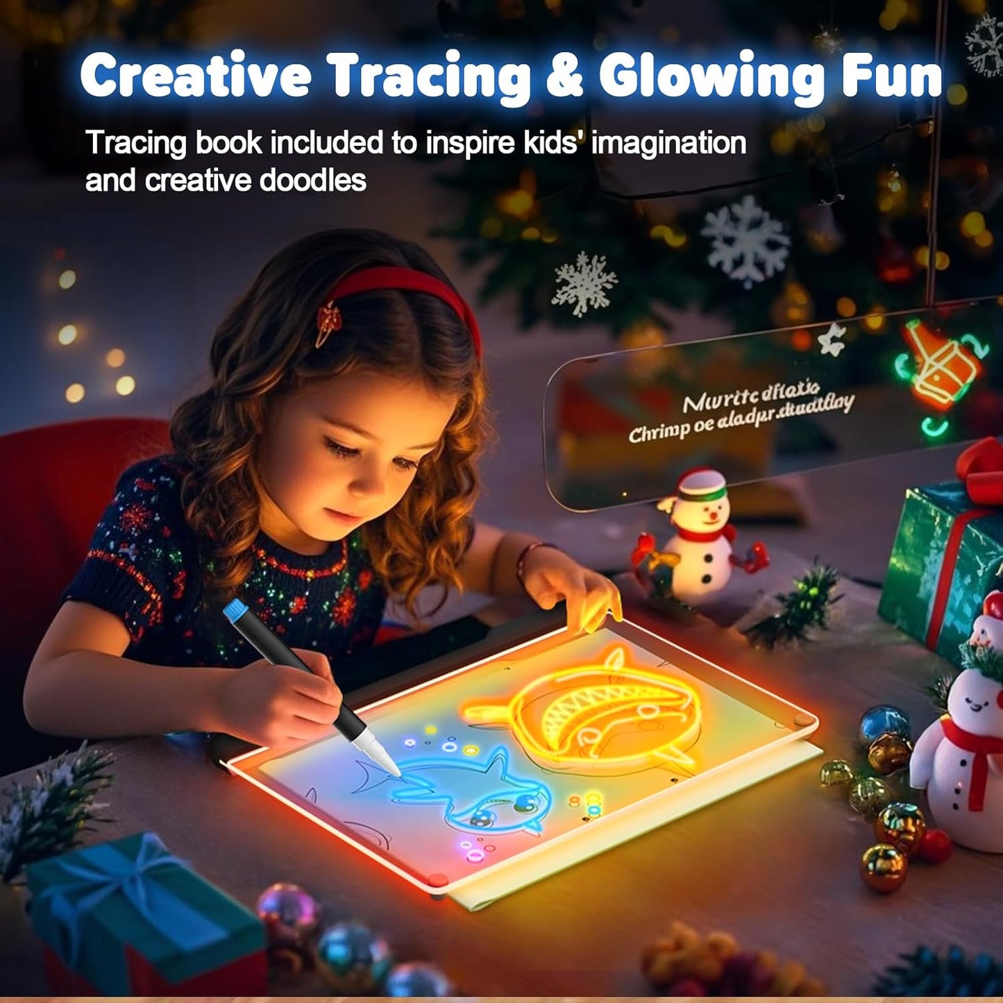 16-Inch Rechargeable Doodle Glow LED Note Board, 7-Color Light Modes, Neon Art Dry Erase Light Up Drawing Pad with Built-in Stand, Sketching Gift Toy for Kids/Girls/Teens, 5 Markers & Tracing Book