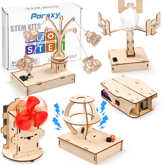 Poraxy STEM Kits for Kids Ages 8-10-12, 5 Set Wooden 3D Puzzles, Educational Science Experiment Building Projects Crafts, Toys for Ages 8-13, Birthday Gifts for Boys Girls 8 9 10 11 12 13 Years Old