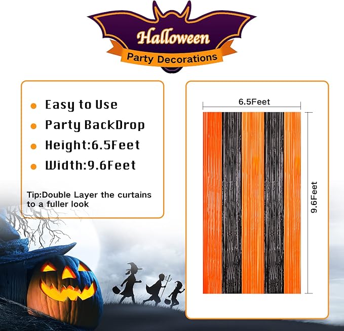 4 Pack Black and Orange Tinsel Foil Fringe Curtains, Halloween Party Photo Backdrop Streamers Backdrop for Birthday Anniversary Party Halloween Party Decoration