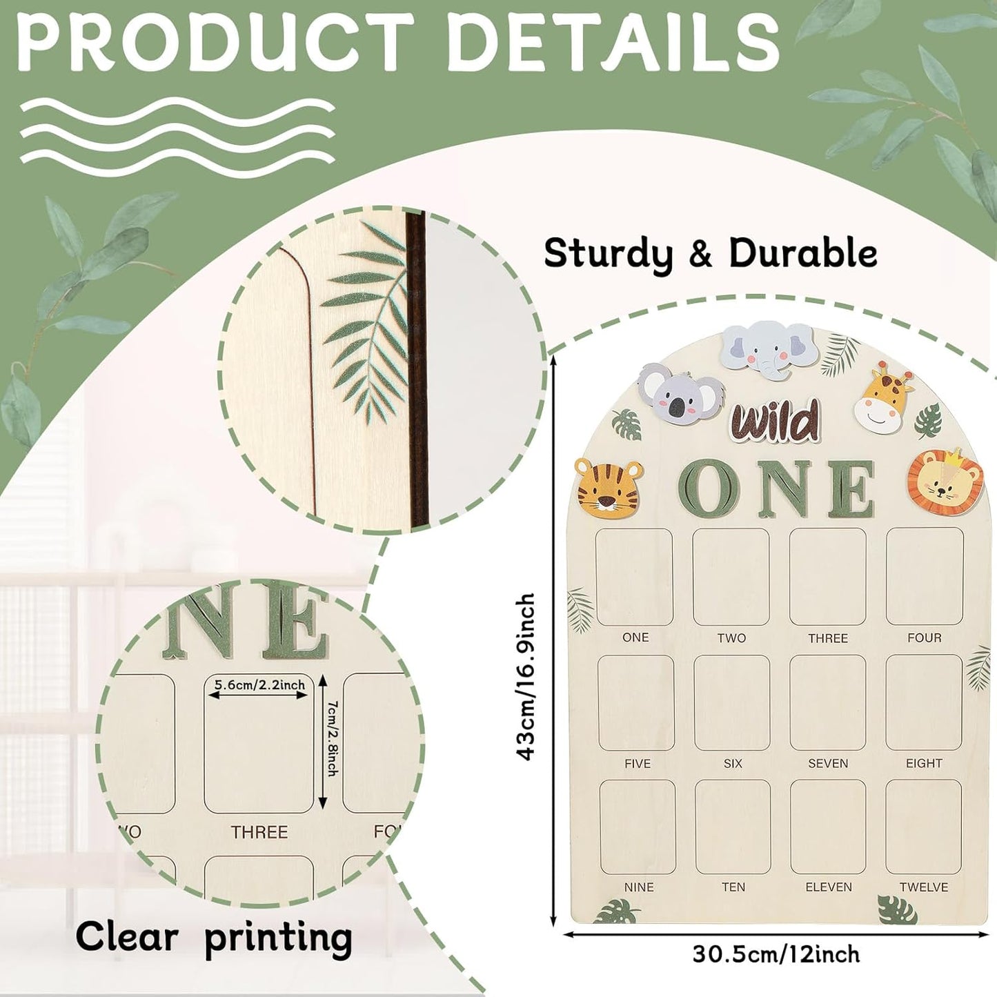 Photo Board Jungle Animals Birthday Party Wooden Board Decorations 12 Monthly Milestone Picture Frame One Year Old Wood Sign 1st Birthday Photo Banner for Baby Boy Girl Keepsake Gift Supplies