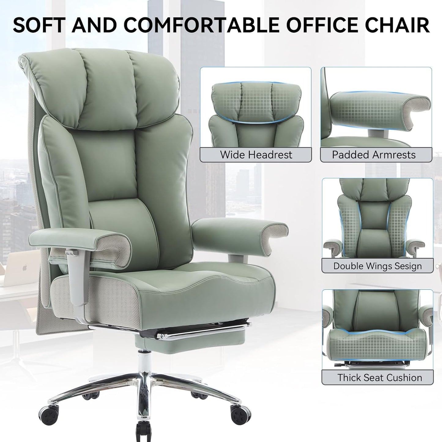 Efomao Big and Tall Green Office Chair 450LBS – Ergonomic High-Back Executive Chair with Footrest, Adjustable Padded Armrests, PU Leather Computer Chair with Lumbar Support for Home or Office，Green