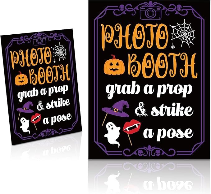 Photo Booth Sign with Stand Retro Background Table for Halloween Indoor and Outdoor Party Theme Event Photography Props Desktop Decoration Supplies
