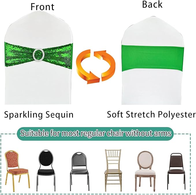 50 Pcs Chair Sashes Sequin Stretch Chair Bands Spandex Polyester Bows for Party Hotel Wedding Banquets Decoration - Green