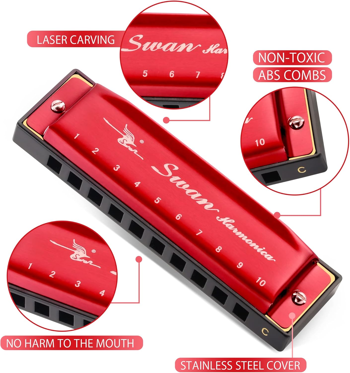 SWAN Blues Harmonica Key of C Mouth Organ Diatonic Harmonica with Case, 10 Hole 20 Tones Stainless Blues Harp for Adults, Beginners(Burgundy Red)