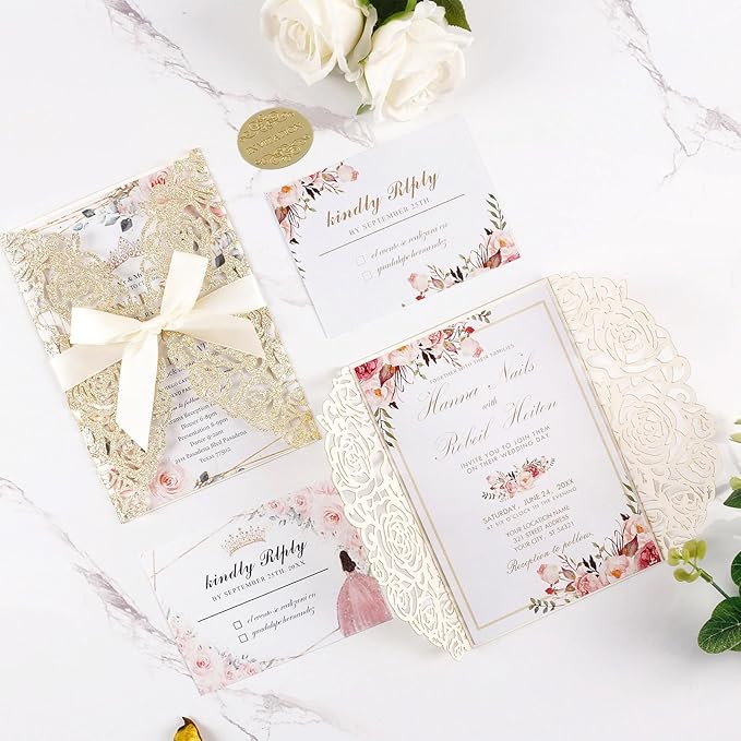 50pcs Gold Glitter Laser Cut Invitation Pockets Rose Personalized Blank Wedding Invitations with Envelopes and Rsvp Cards for Wedding Bridal Shower QuinceañEra Engagement Party Invite
