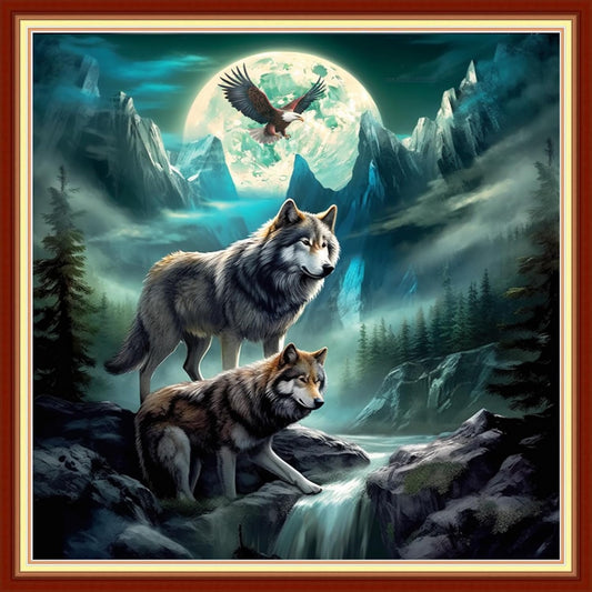 Stamped Cross Stitch Kits - Beach Night Landscape Counted Cross Stitch Kits for Beginners Adults Needlepoint Cross-Stitch Patterns-Eagle Wolf 18x18 inchs