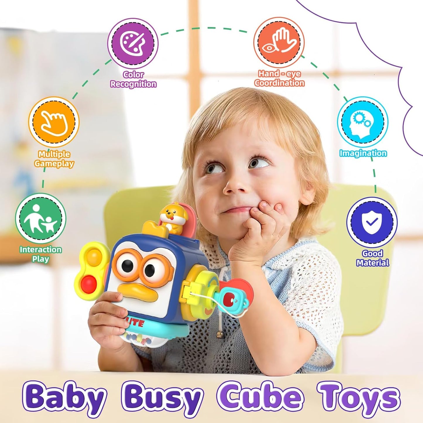 5 in 1 Baby Toy for 12 18 Month, Learning Toys for Babies 12-18 Months, Baby Busy Cube, Stacking&Sensory, Pull String&Piano Xylophone Toy, Birthday Gift for 12+ Month