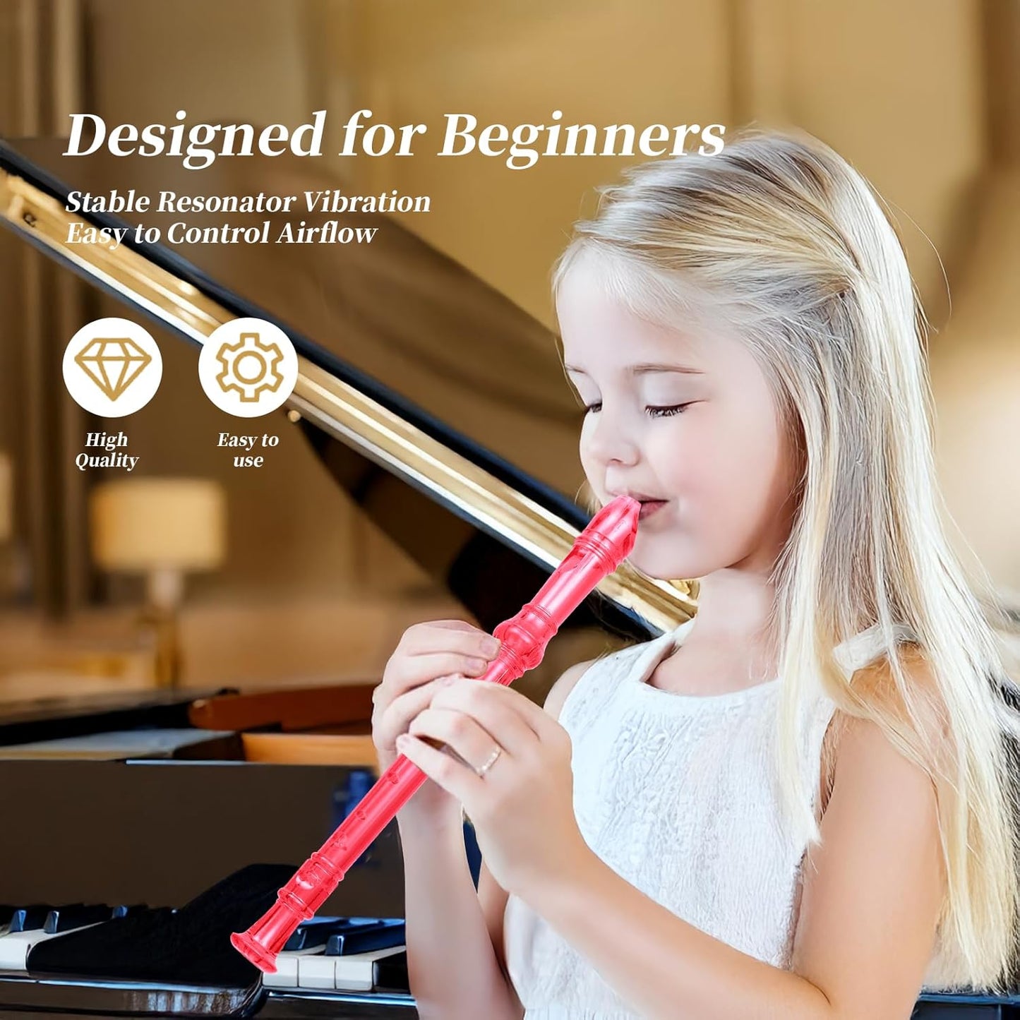 Soprano Recorder Instrument for Kids Beginners Student German Fingering C Key Recorder Instrument 3 Piece with Cleaning Rod and Bag Fingering Chart(Crystal Pink)