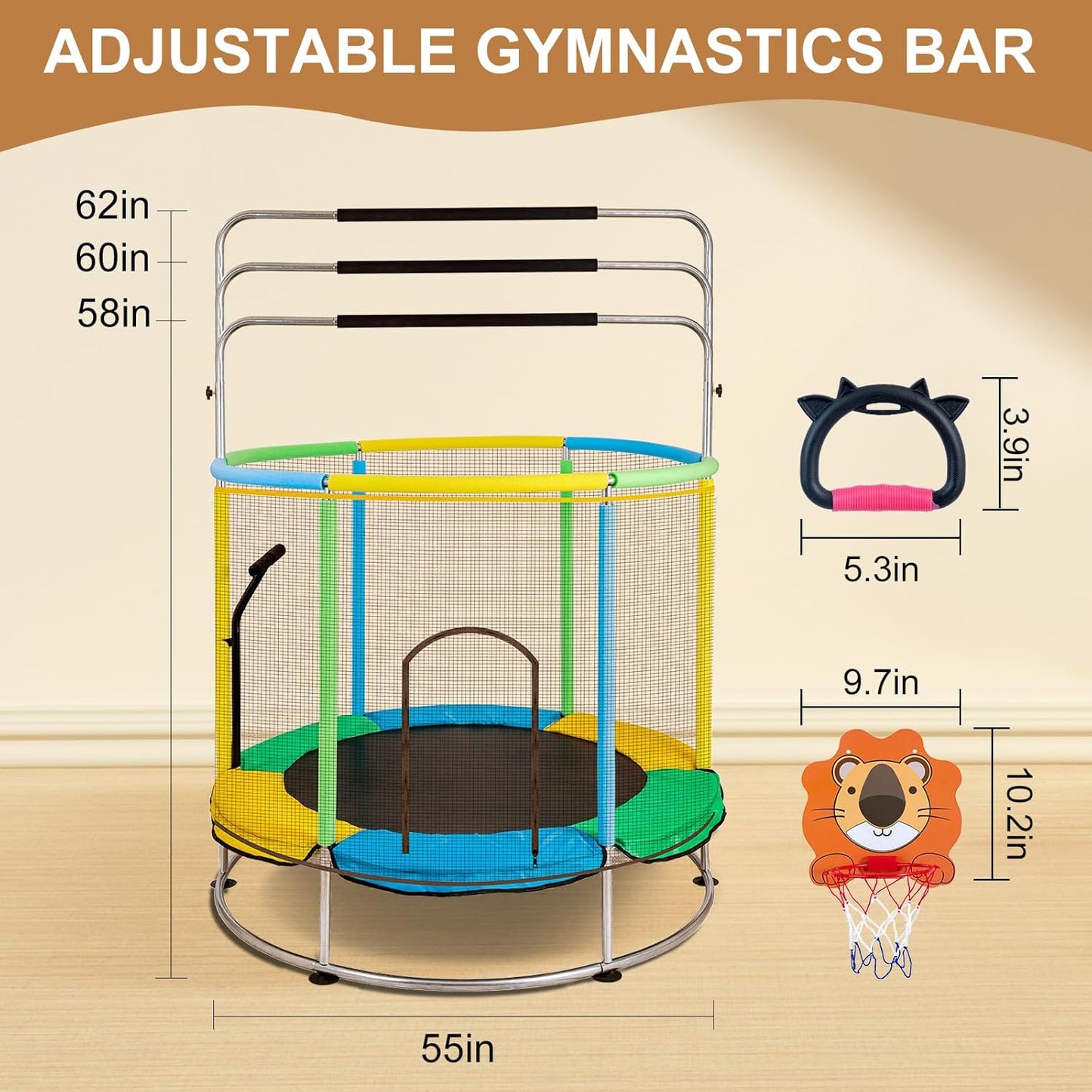 Trampoline for Kids with Anti-Rollover Round Bottom and Swing,55" Toddler Mini Trampoline for Kids Up to 440 Ibs,Gifts for Ages 3 Years and UP Indoor or Outdoor Play