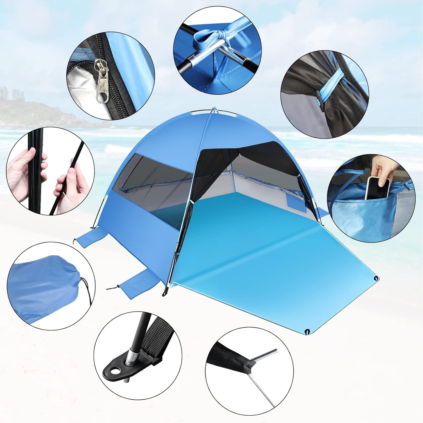 Large Easy Setup Beach Tent,Anti-UV Beach Shade Beach Canopy Tent Sun Shade with Extended Floor & 3 Mesh Roll Up Windows Fits 3-4 Person,Portable Shade Tent for Outdoor Camping Fishing (Blue)