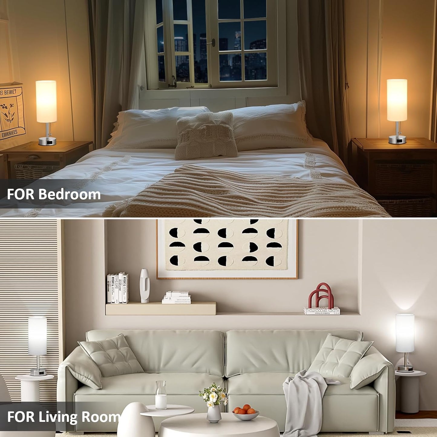 White Silver Bedside Table Lamps Set of 2-3 Color Temperatures Pull Chain Lamp with AC Outlet Charging Port, Two Round Night Stand Lamps for Bedroom, Small Bed Side Light with E26 LED Bulbs