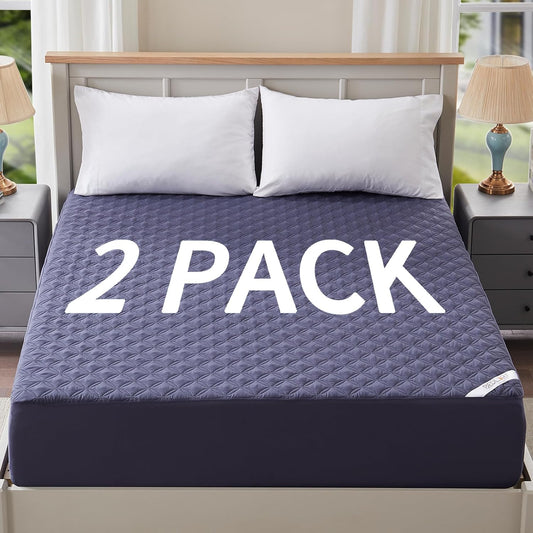 2 Pack Waterproof Mattress Protector, Queen Size Mattress Pad Noiseless with Deep Pocket Fitted for 6"-18", Soft Breathable Dirt-Proof Bed Mattress Cover Washable for Home, Bedroom, Hotel (Navy Blue)