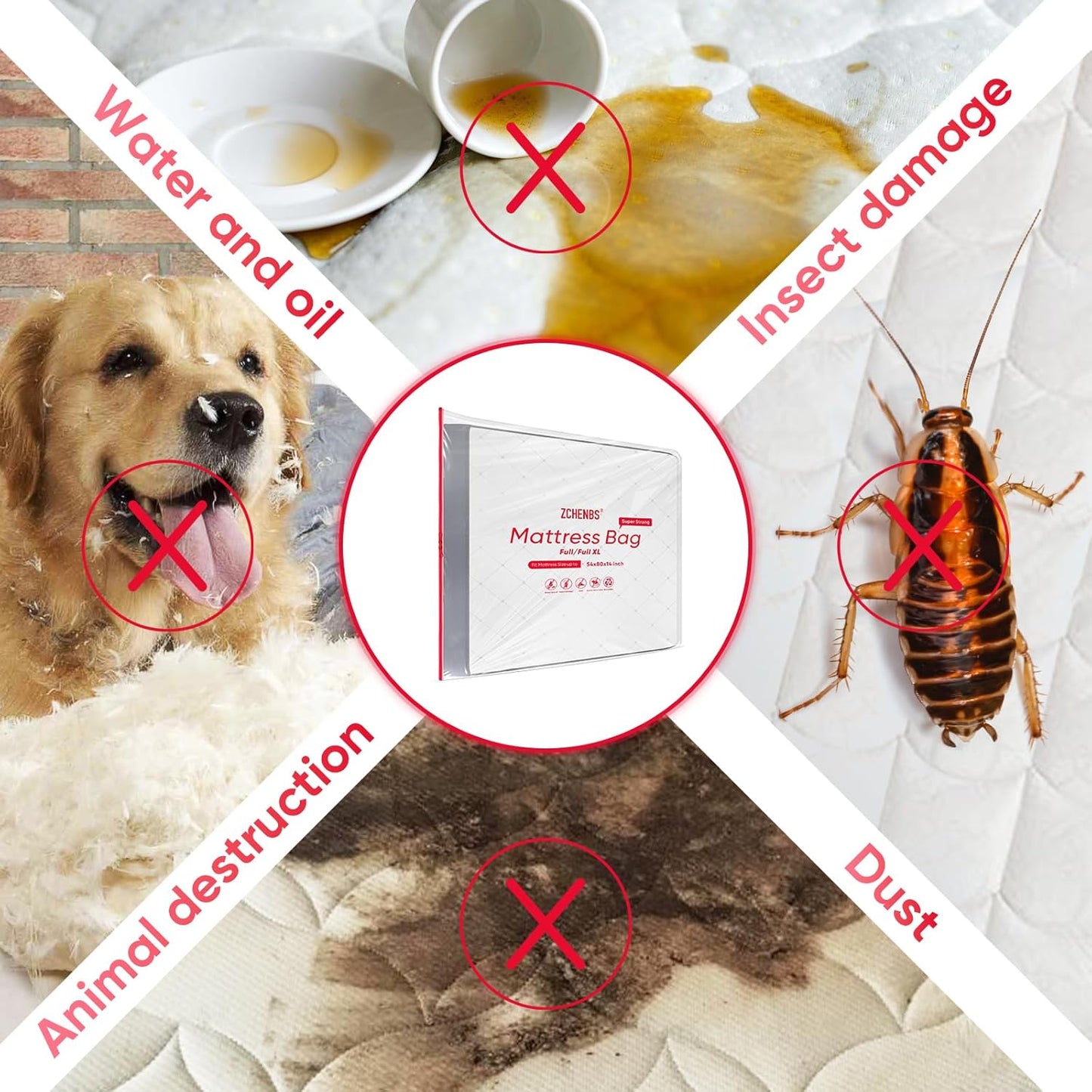 ZCHENBS® – Mattress Bags for Moving and Storage,Mattress Bag with Zippers,5 Mil Ultra-Thick Bed Bag,Waterproof,Anti-Tear,Heavy-Duty Mattress bag (Transaparent/Red, Full/Full XL-(1 Pack))