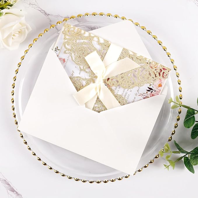 50pcs Gold Glitter Laser Cut Invitation Pockets Rose Personalized Blank Wedding Invitations with Envelopes and Rsvp Cards for Wedding Bridal Shower QuinceañEra Engagement Party Invite