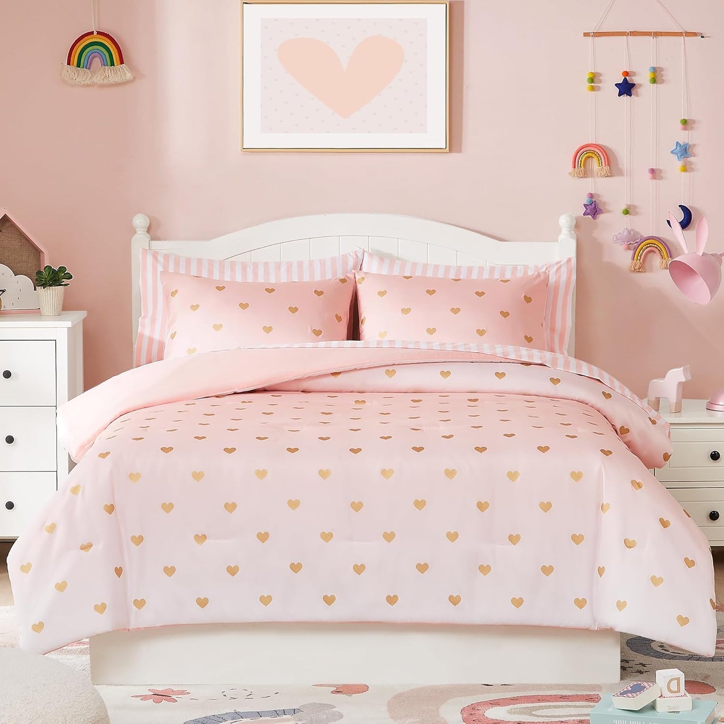 Queen Comforter Set with Sheets for Girls-7 Pieces Queen Bedding Sets with Pink Comforter, Sheets, Pillowcases & Shams for Kids (Pink Gold Heart, 90" X 90")
