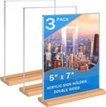 Kersally Acrylic Sign Holder 5 x 7, 3 Pack Double-Sided Clear Table Display Stands with Wood Base,Vertical Acrylic Frame Menu Flyer Paper Holder for Stores, Restaurants, Hotels, Office, Show Fair