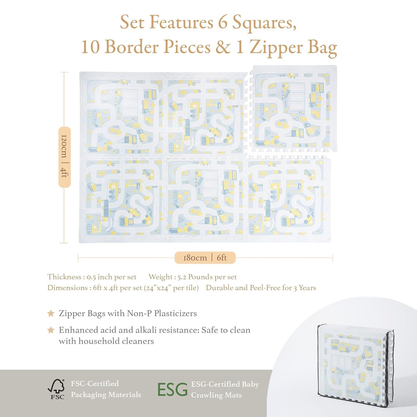 Premium Baby Foam Play Mats - Stylish Floor & Exercise Puzzle Mat for Toddlers and Kids- 6 Soft, Non-Toxic, Odorless, Peel-Resistant Foam Tiles - 6ft x 4ft- 0.5” inch Thick, Pastel Blue Gray