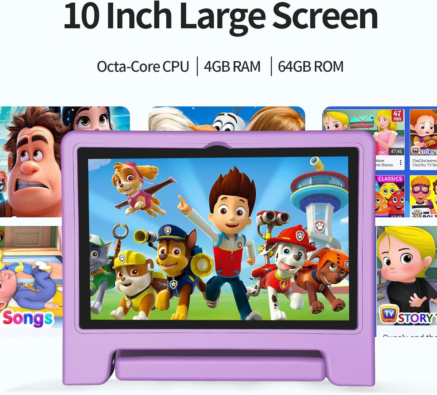 JREN Tablet for Kids｜10 Inch Kids Tablet Android 14｜Octa-core｜64GB｜WiFi ｜Bluetooth｜Parental Control｜Children Content｜Children Toddler Purple