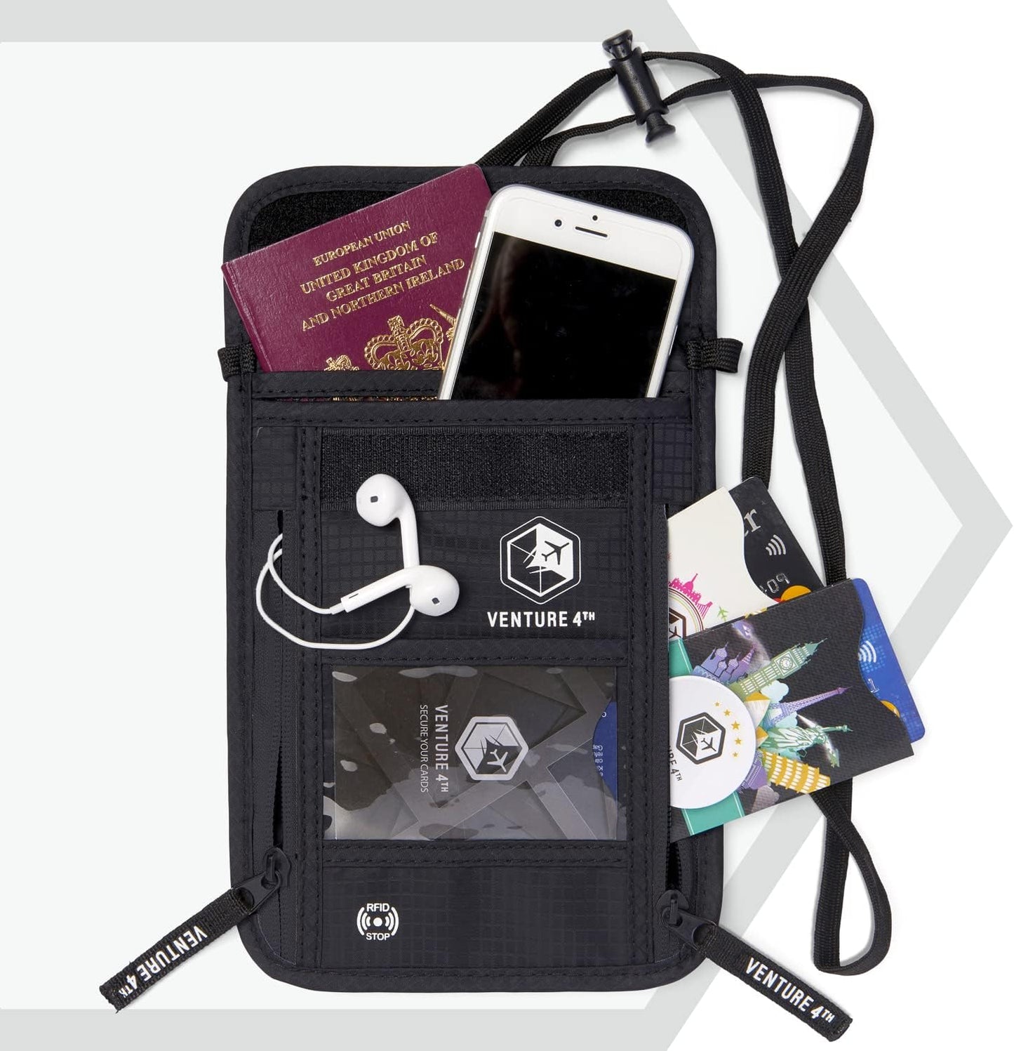 VENTURE 4TH Passport Holder Neck Wallet with RFID Blocking Nylon Lining - Hidden Neck Pouch for Travel (Pure Black)