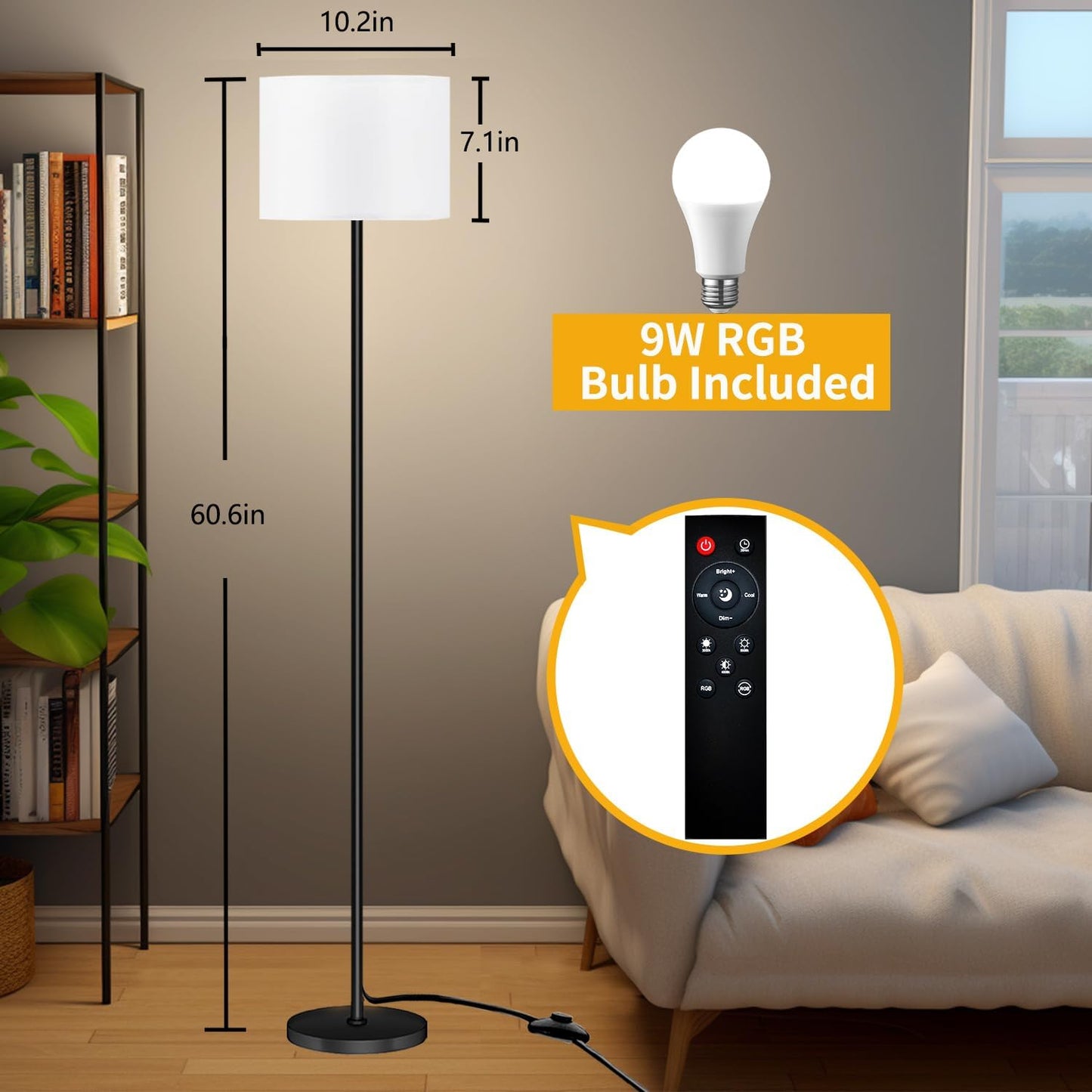 Smart LED Floor Lamp with APP Control & RGB Colors - Dimmable Standing Lamp for Living Room, Bedroom, Gaming - Remote, Timer, 9W Bulb Included, 60.6" Modern Tall Lamp (White)