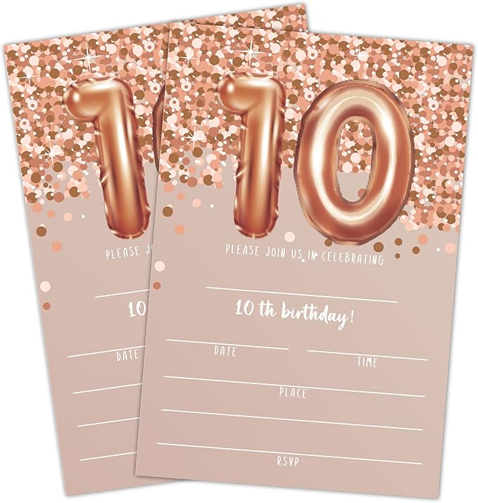10th Birthday Invitation Cards, Rose Gold Glitter 10th Birthday Party Invites, Kids Happy Birthday Party Decorations Supplies, 20 Fill-in Cards with Envelopes for Boys or Girls Party Celebration-C02