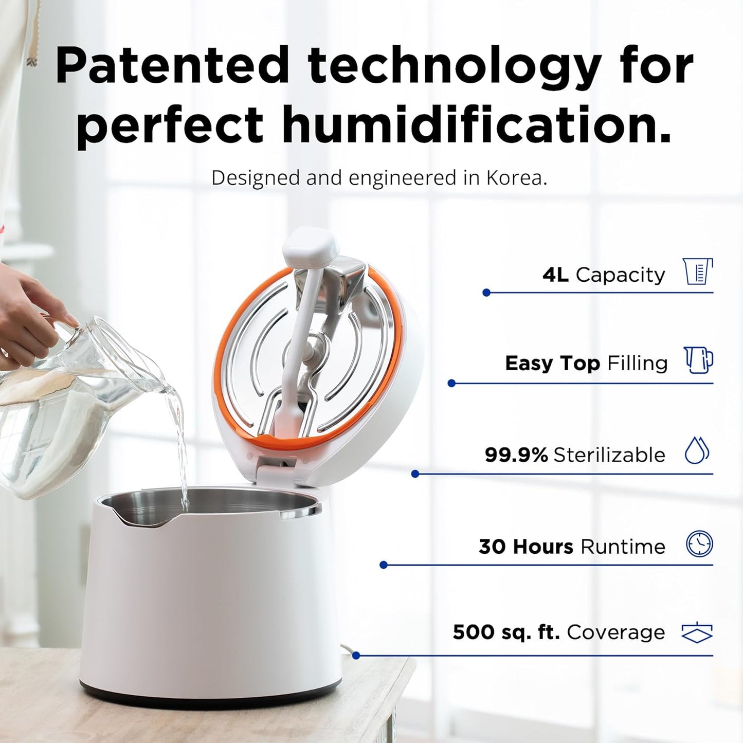 Carepod 31S Stainless Steel Humidifier for Large Room, Quiet & Safe for Baby, Only 3 Washable Parts & Easy to Clean, Ultrasonic Cool Mist Humidifiers for Bedroom, Filter-Free, Lasts 30Hrs (1Gal/4L)