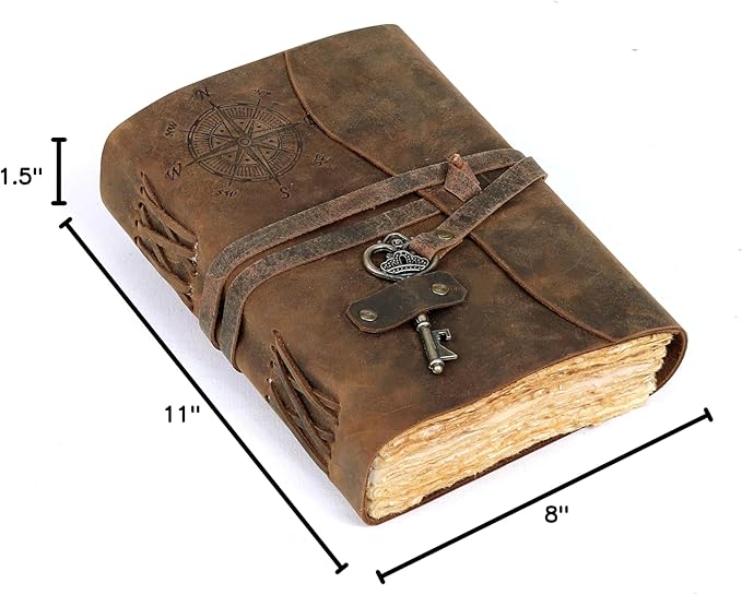 cuero Compass Vintage Leather Journal Antique Handmade Bound Journal with Deckle Edge Paper Diary Leather Sketchbook Drawing Journal Notebook Great Gift Men & Women (Caramel Brown, 11X8 Inch)