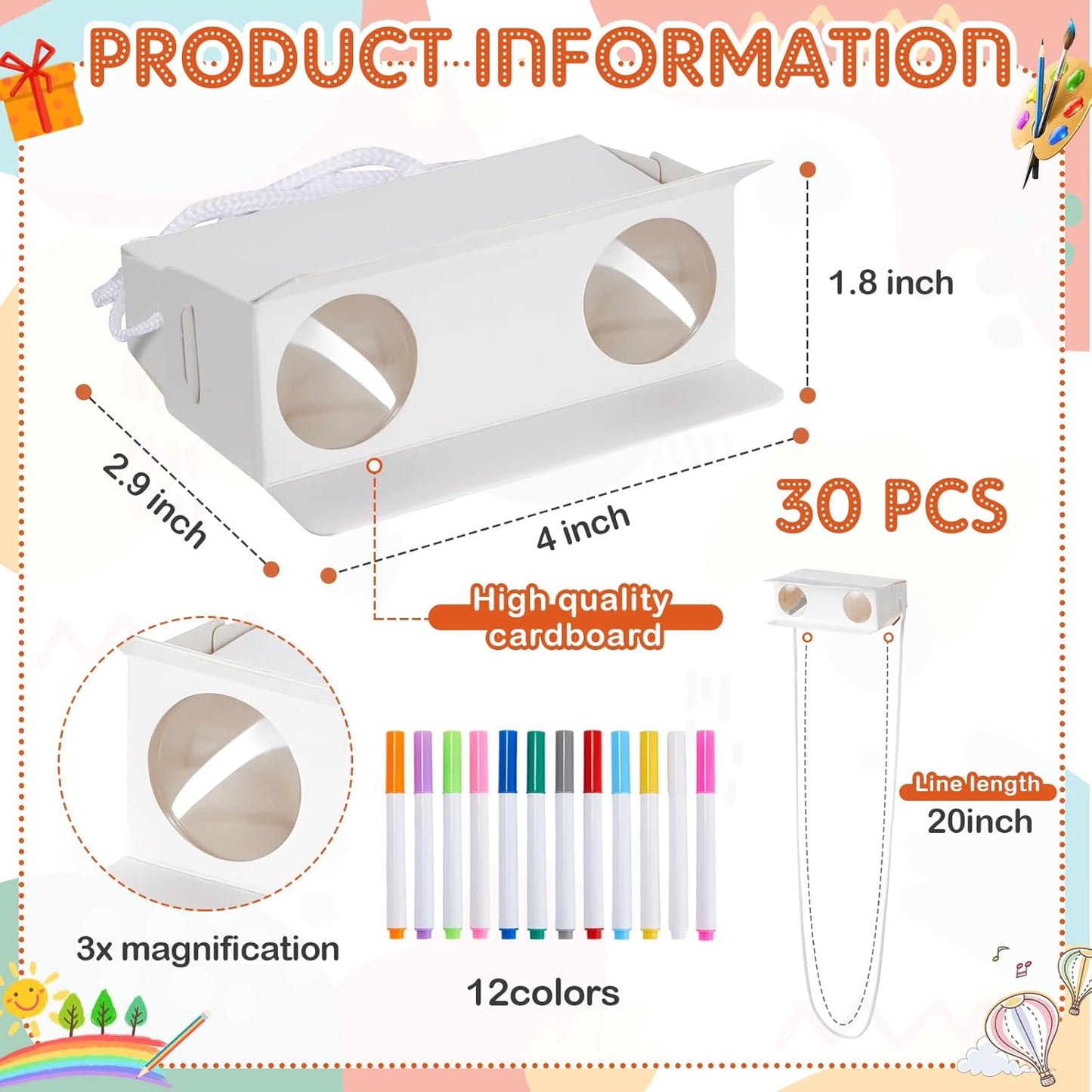 Shappy 30 Pcs Cardboard Folding Binoculars with Coloring Markers Paintable Make Your Own Paper Binocular 3x Magnification DIY Craft Toys for Boys Girls Birthday Party Supplies Class Activity