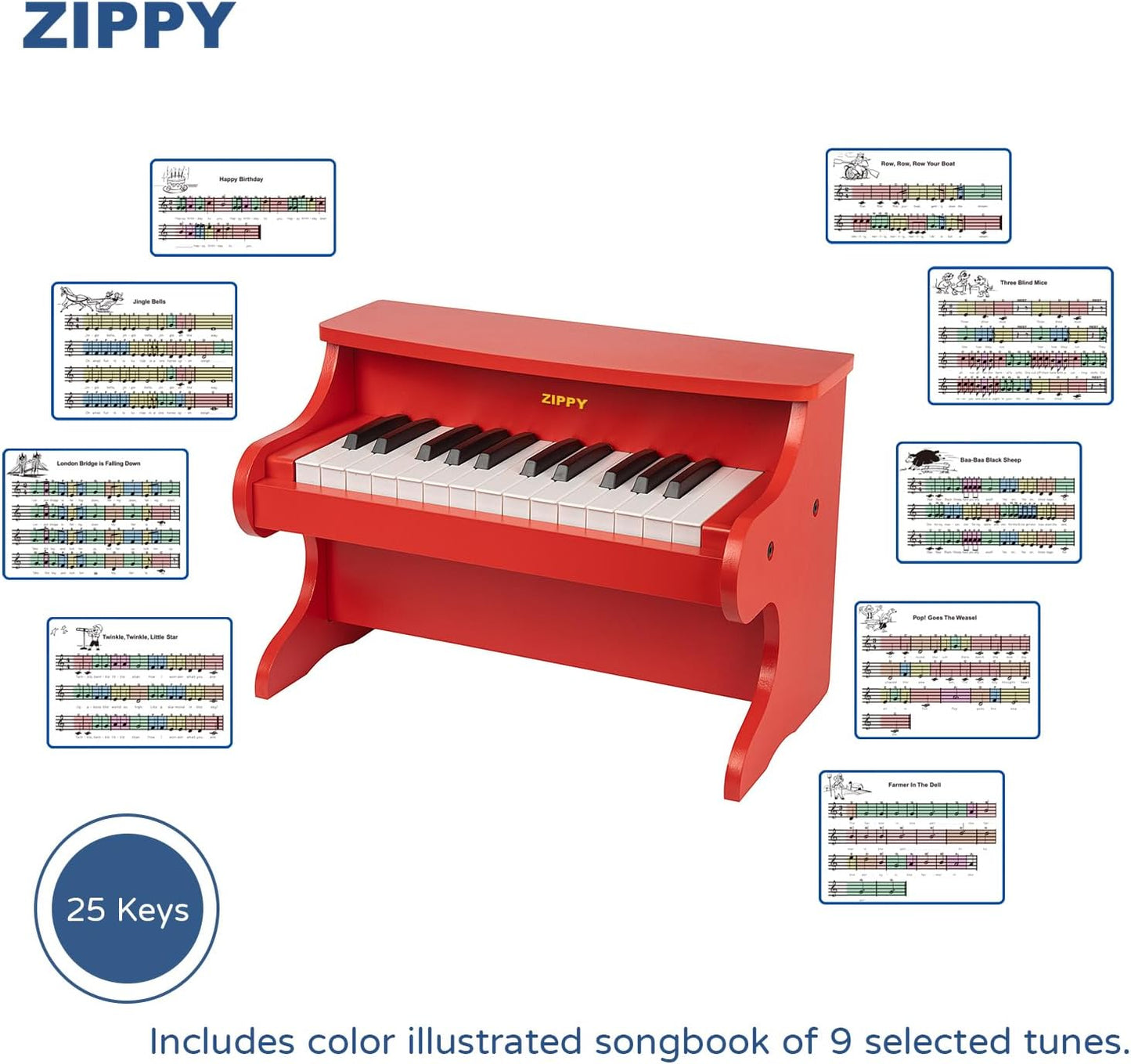ZIPPY Kids Piano Keyboard, 25 Keys Digital Piano for Kids, Mini Music Educational Instrument Toy, Wood Toy for Toddlers Girls Boys (Red)